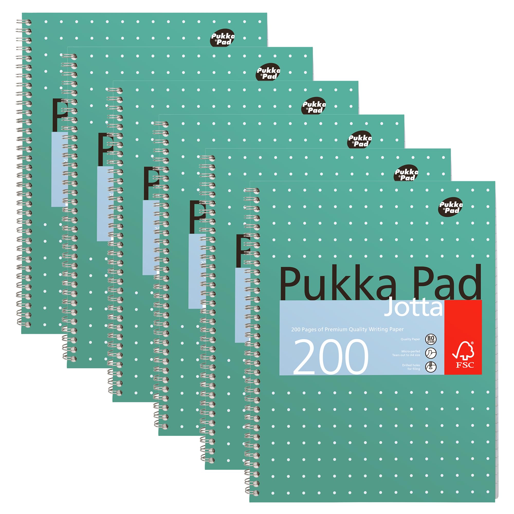 Pukka Pad, A4 Metallic Jotta Book 6 Pack – 21 x 30cm – Wirebound Notebook with 8mm Lines and 80GSM Paper – Features 4-Hole Punch Margins and Perforated Edges - 200 Pages, Green