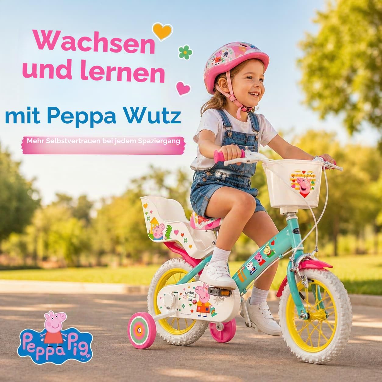 Kinderfahrrad Peppa Pig 12 Zoll mit Stützrädern Korb Puppensitz 3-5 Jahre