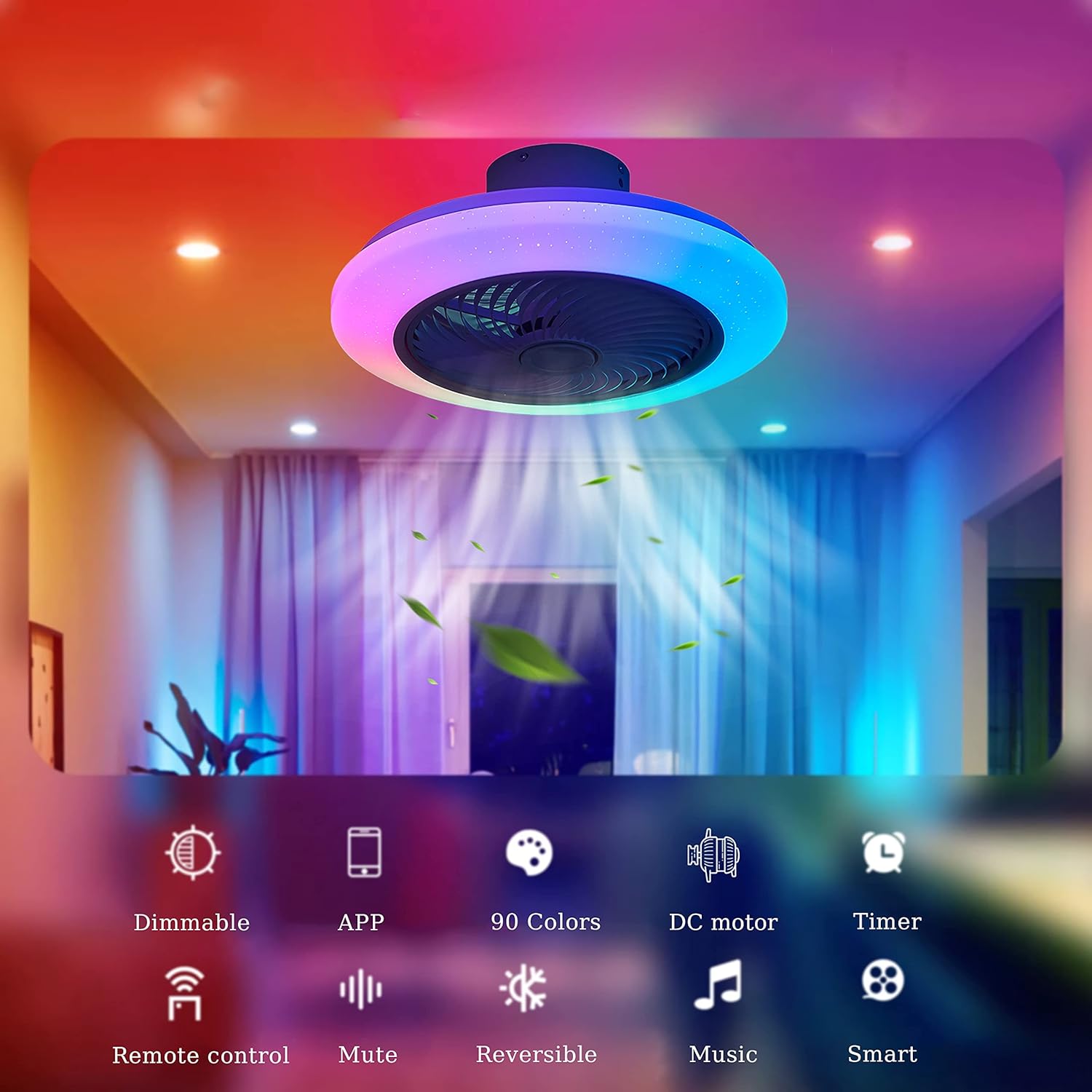 YUEGOO Ceiling Fans with Lamps,Modern Round Silent Ceiling Fans with Lights Reversible 6 Speed Timer Kids Ceiling Fan Light Winter/Summer Mode for Living Room Bedroom/White/B