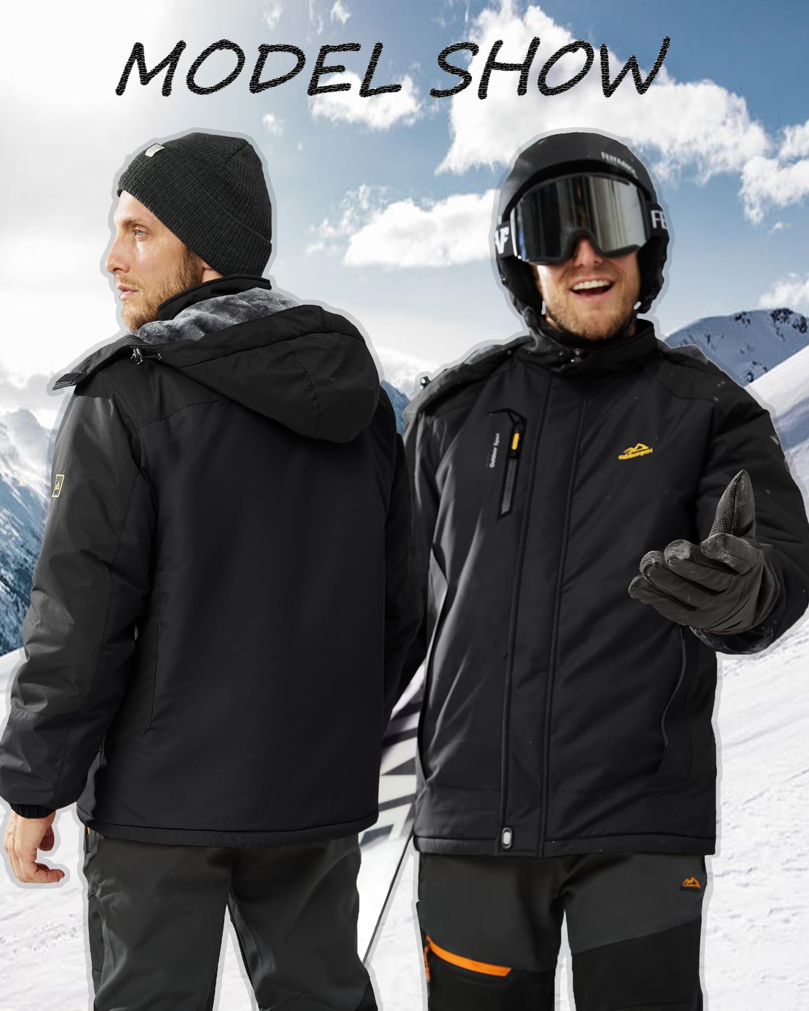 KEFITEVD Winterjacke Herren Skijacke Wasserdicht Warm Gefüttert Outdoorjacke mit Abnehmbarer Kapuze