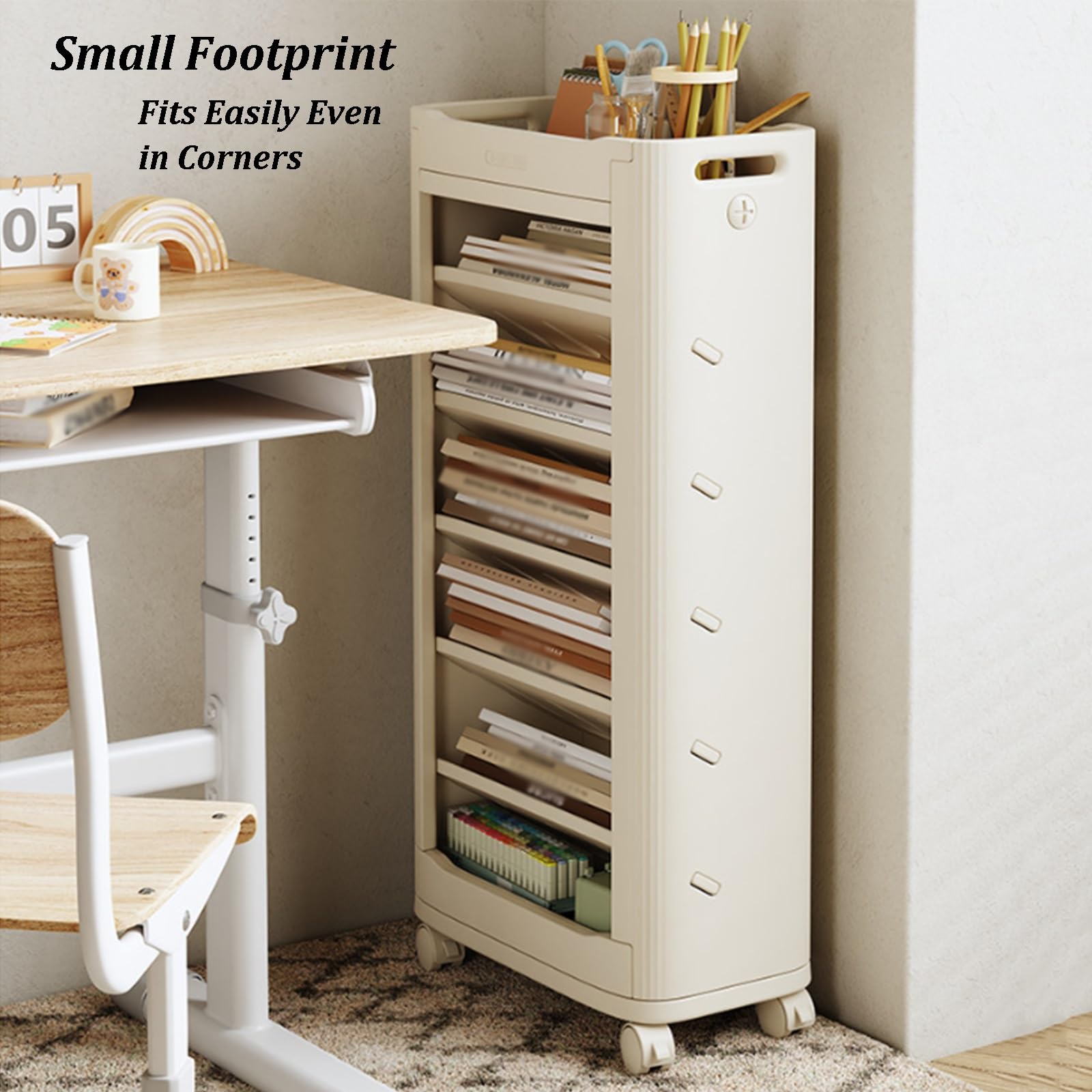 Libreria A 7 Livelli Su Ruote, Organizzatore Per Libri E Carrello Multiuso Mobile, Design Con Ripiani Inclinati, Organizzatore Stretto Per Aula, Ufficio, Studio E Casa(B)