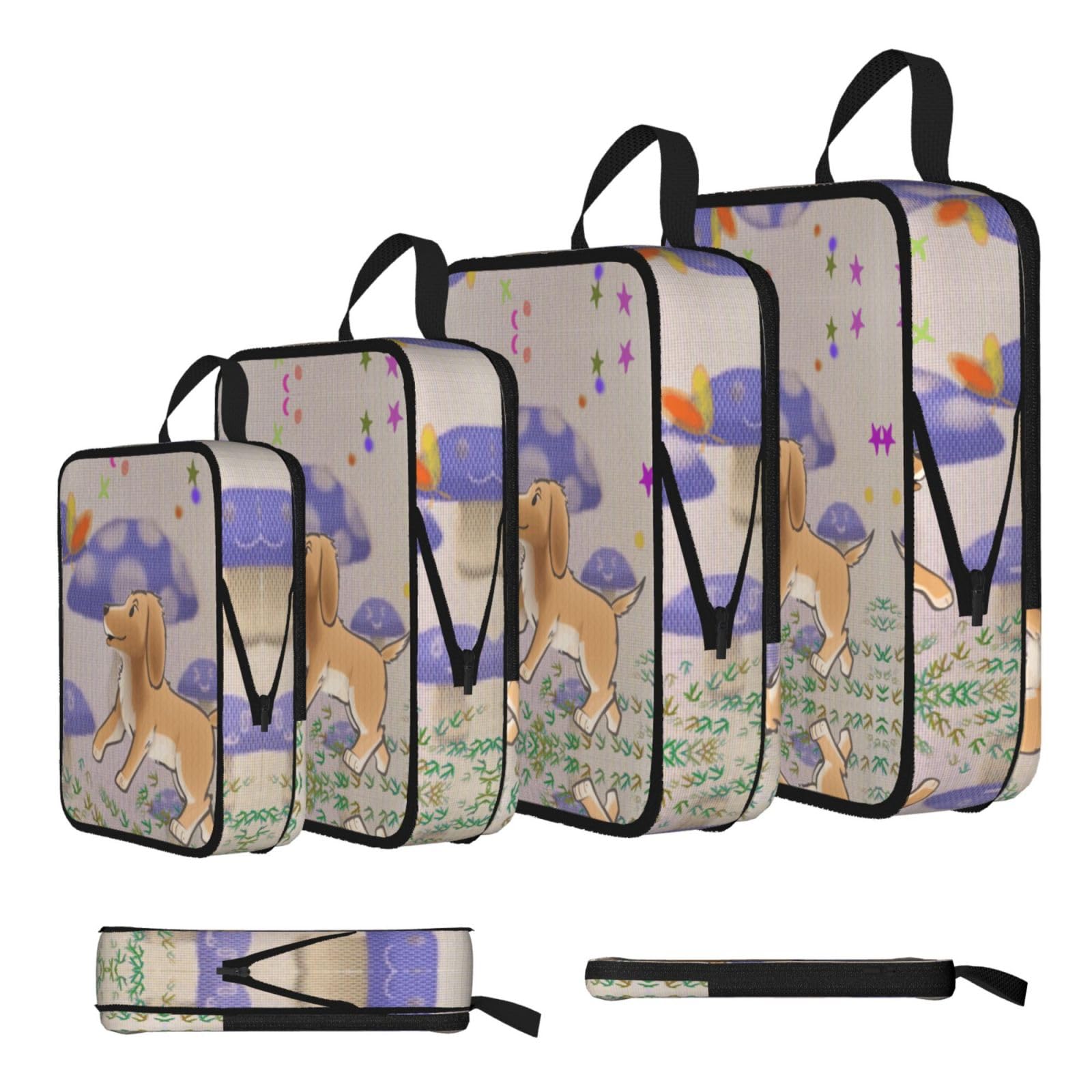 Sxzvvbn Black Cartoon Mushroom With Dog Compression Packing Cubes 4 Piece Set
