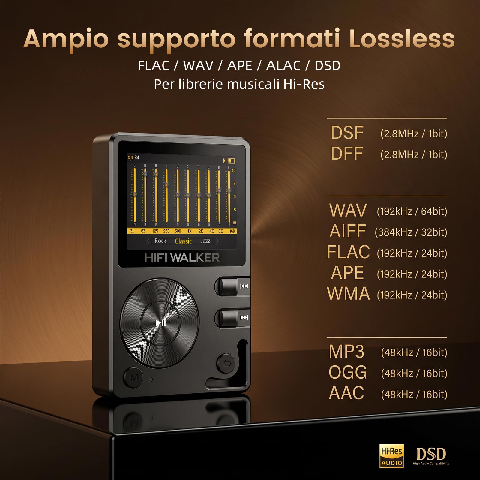 HIFI WALKER Lettore MP3 HiFi H2 con Bluetooth, Lossless DSD DAC Flac, lettore musicale ad alta risoluzione, lettore audio portatile con scheda di memoria da 64 GB, supporta fino a 256 GB