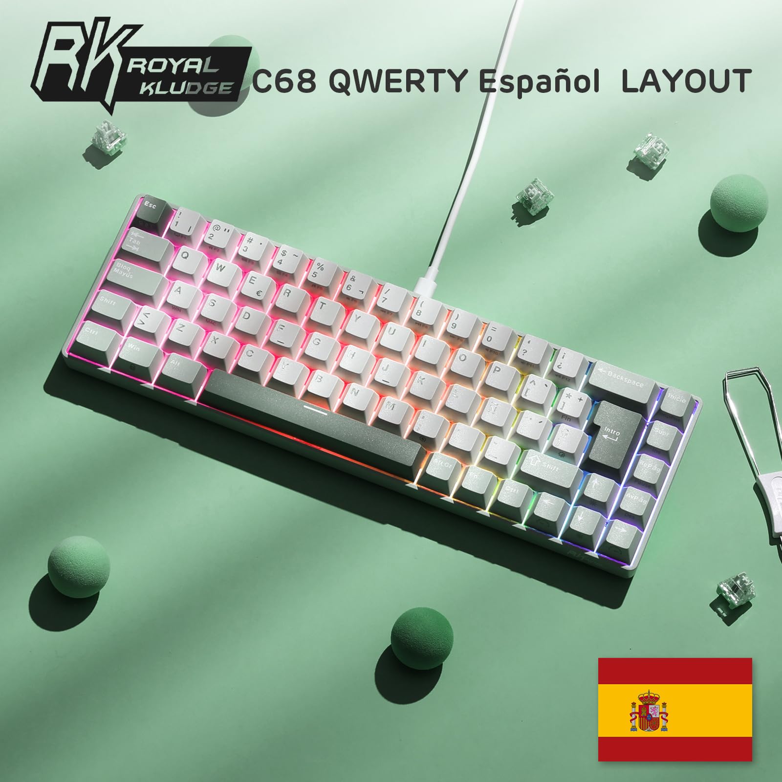RK ROYAL KLUDGE C68 ES Teclado mecánico para juegos con HE, interruptores magnéticos 65%, teclado RGB con cable, gatillo rápido, tasa de sondeo de 8K, controlador web pro para Mac y Win,QWERTY Español