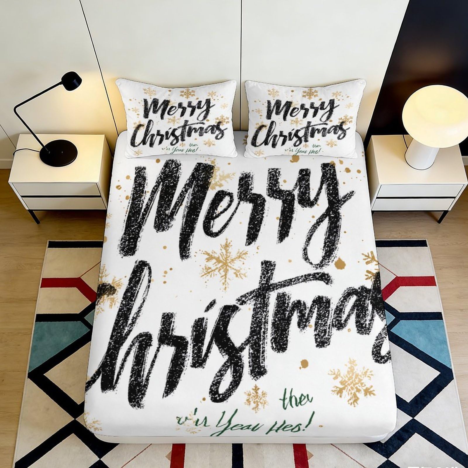 3D Printed Christmas Snowflake Fitted Sheet Microfiber Red White Merry Christmas Bed Cover for Bedroom Guest Room 90x200x25cm