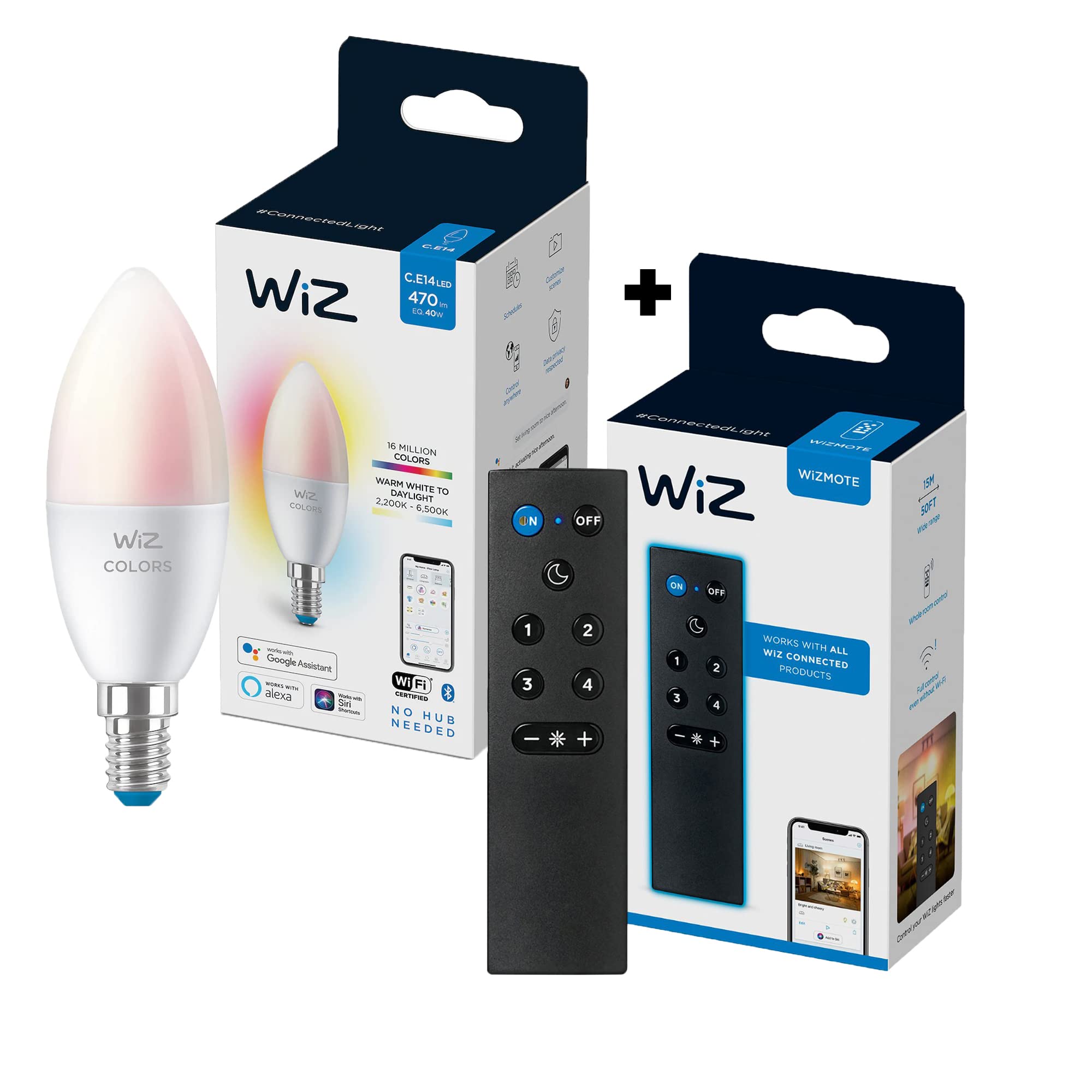 WiZSmart Bulb Candle LED Color C37 E14 470lm Wi-Fi ( Compatible With Google Assistant, Alexa & Siri) + WiZ Mote Remote Control, 2 Years Warranty