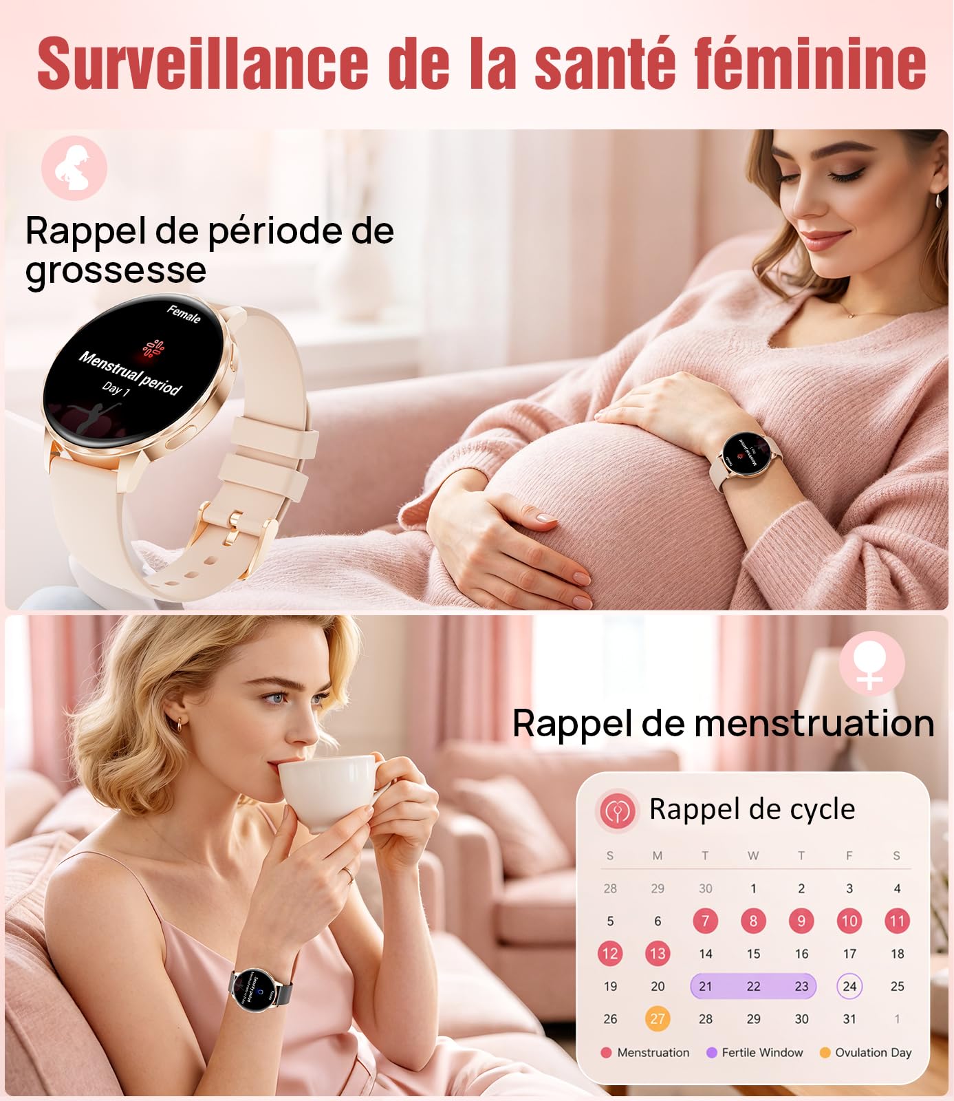 Montre connectée Femme 1.27" Appel Bluetooth Elegant Smartwatch Santé Féminine Fréquence Cardiaque Sommeil Montre Fitness,Podomètre,Calories,100+ Mode Sport,2 Chargeurs,Or Noir Mesh