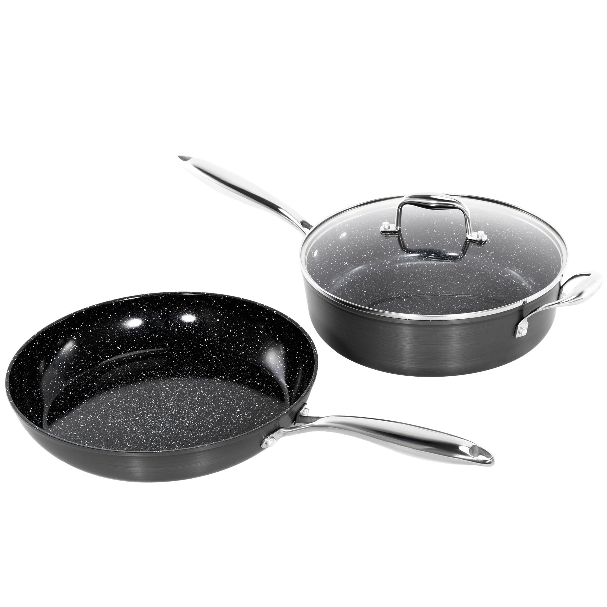 MAISON ARTS Juego de sartenes antiadherentes anodizadas duras de 3 piezas, sartén de 11 pulgadas con tapa y sartén de 12 pulgadas, sartenes de revestimiento de cerámica con mango de acero inoxidable,