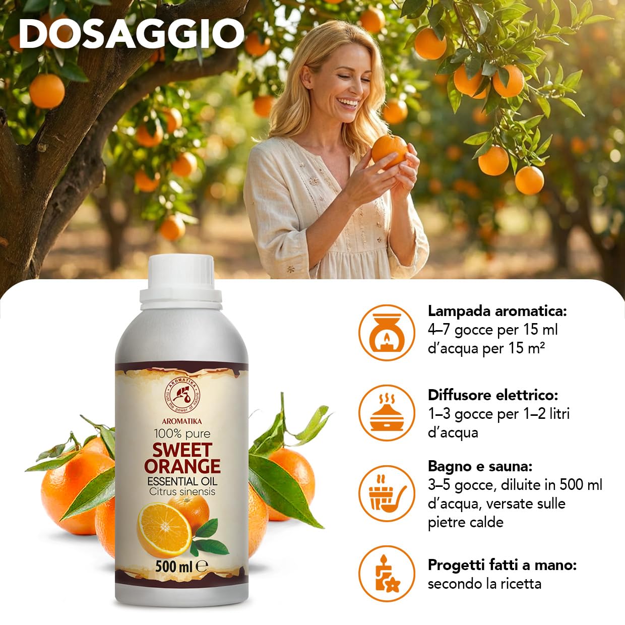 Olio Essenziale di Arancia Dolce 500 ml - Citrus Sinensis - Naturale e Puro - Olio di Arancia per Diffusori - Profumi per la Casa - Saponi e Candele - Sauna - Aroma di Agrumi - Aromaterapia
