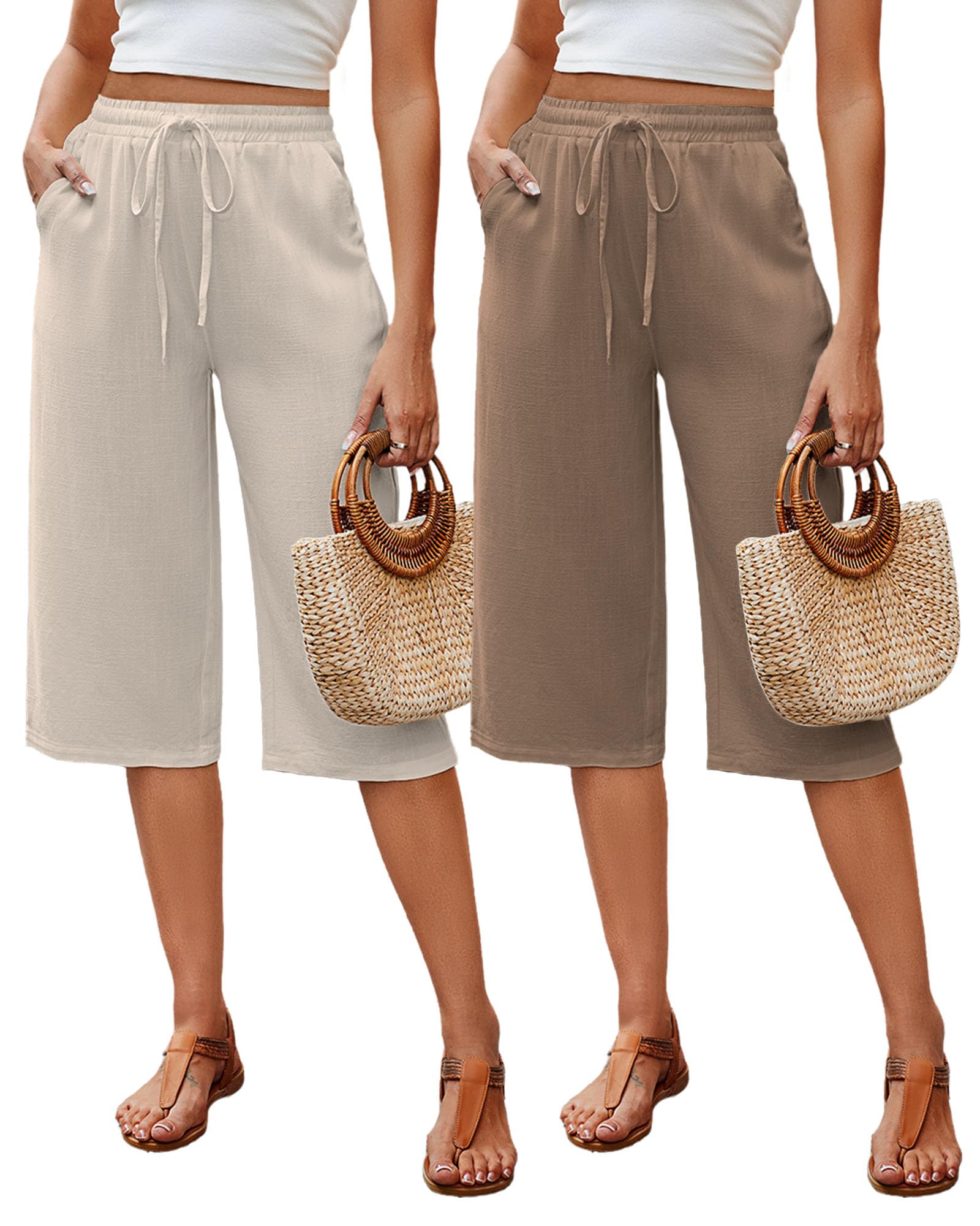 Neer 2 Pack Womens Linen Capris Summer Drawstring Wide Leg Pants Casual High Waisted Palazzo Trousers with Pockets