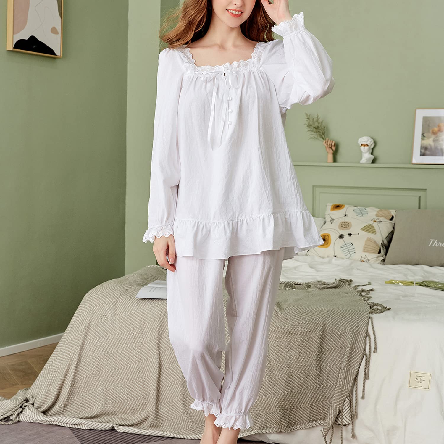 Damen Baumwolle Zweiteiliger Pyjama Set Vintage Langarm Oberteil und Hose Spitze Rüschen Nachtwäsche Viktorianische Nachtwäsche