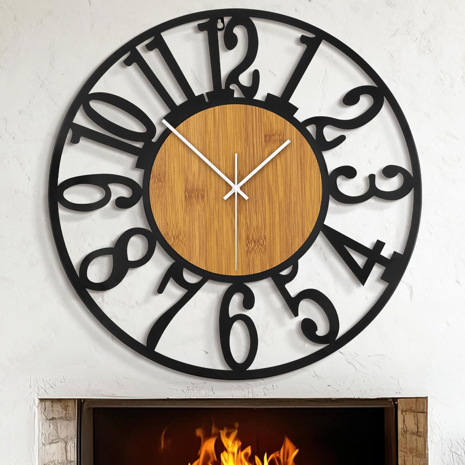 LEIKE 30" Oversized Large Wall Clocks,Silent,Non Ticking,Battery Operated Modern Round Big Wood Decorative Metal Wall Clock for Living Room, Bedroom,Kitchen,Farmhouse,Office Decor - Black,30 Inch 30 inch Wood and Roman Number