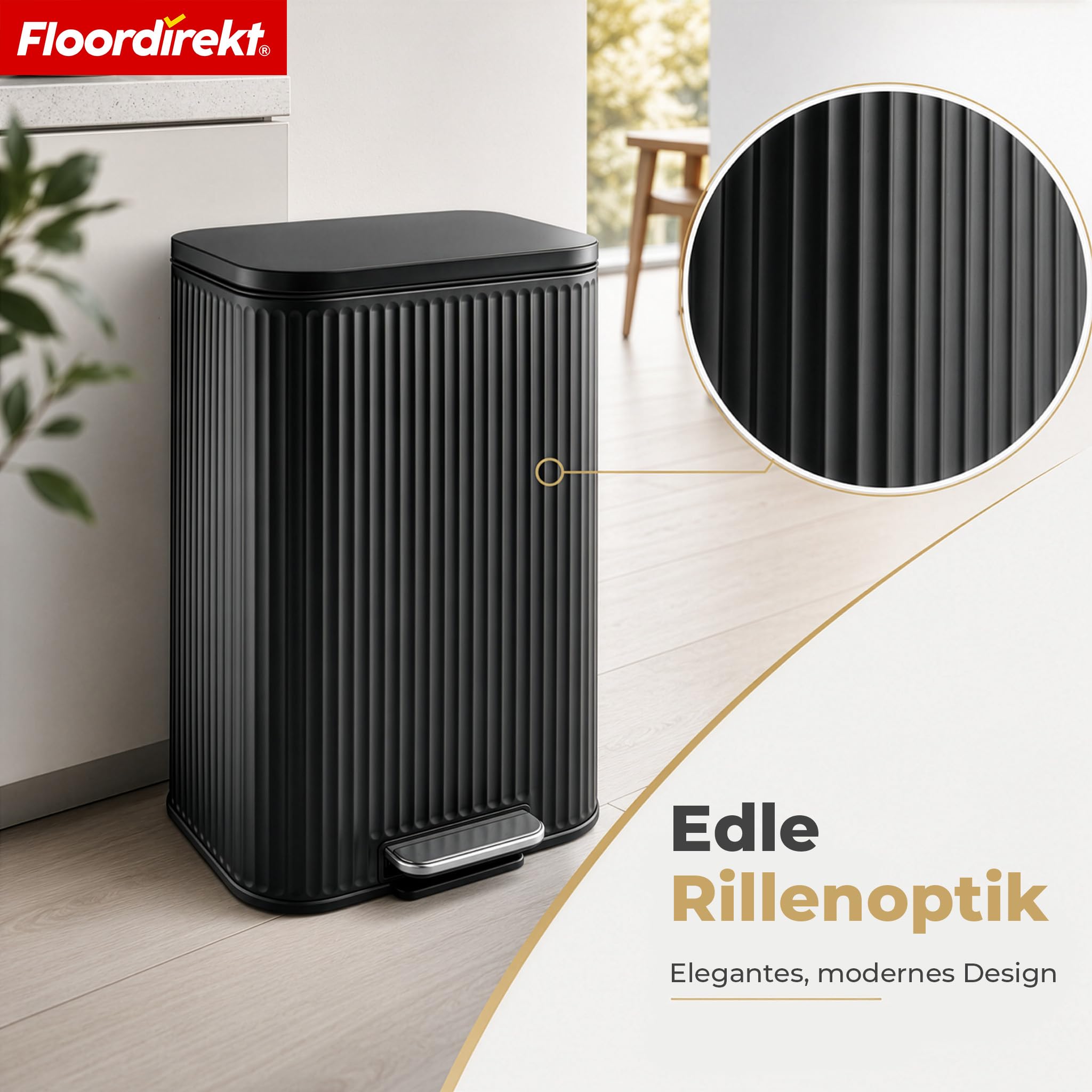 Floordirekt Mülleimer Küche, Liter, Abfalleimer, Treteimer, mit Deckel, Softclose, Fußpedal, Stahl, Inneneimer | Miles | Schwarz | 50 L