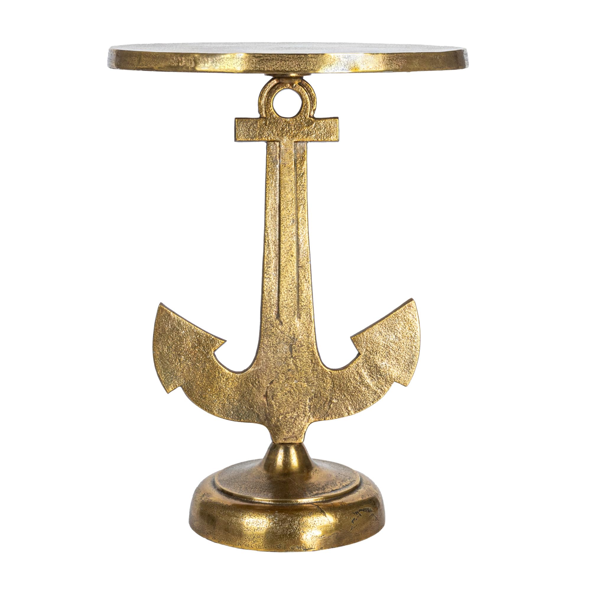 Round Nautical Accent Table with Anchor Base in Cast Iron, Gold Finish
