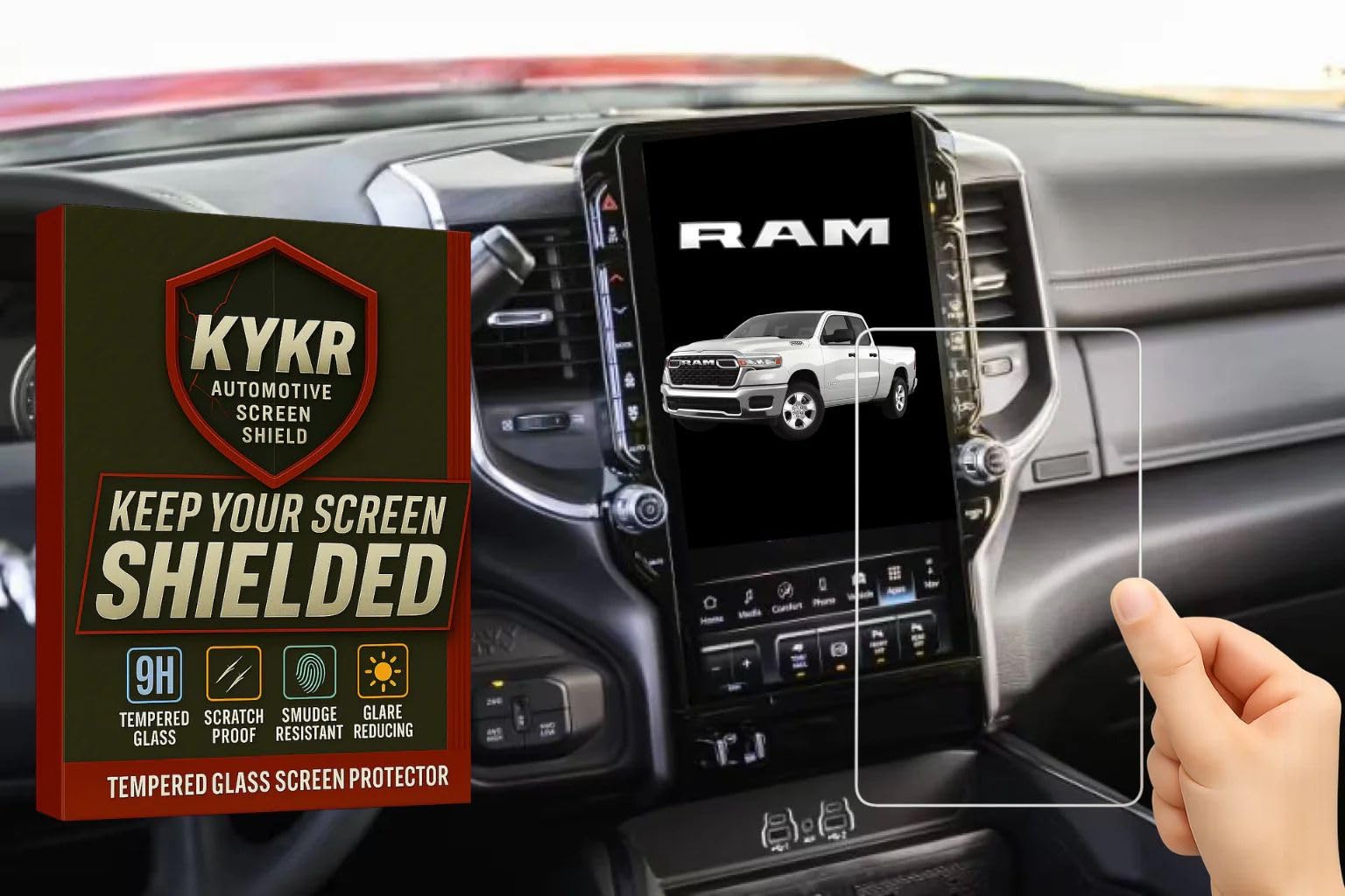 Kykr Tempered Glass Screen Protector - Compatible with 2019-2023 Dodge Ram 1500 2500 3500 - TRX Rebel Laramie Limited Uconnect - 12 Inch - Matte Edition