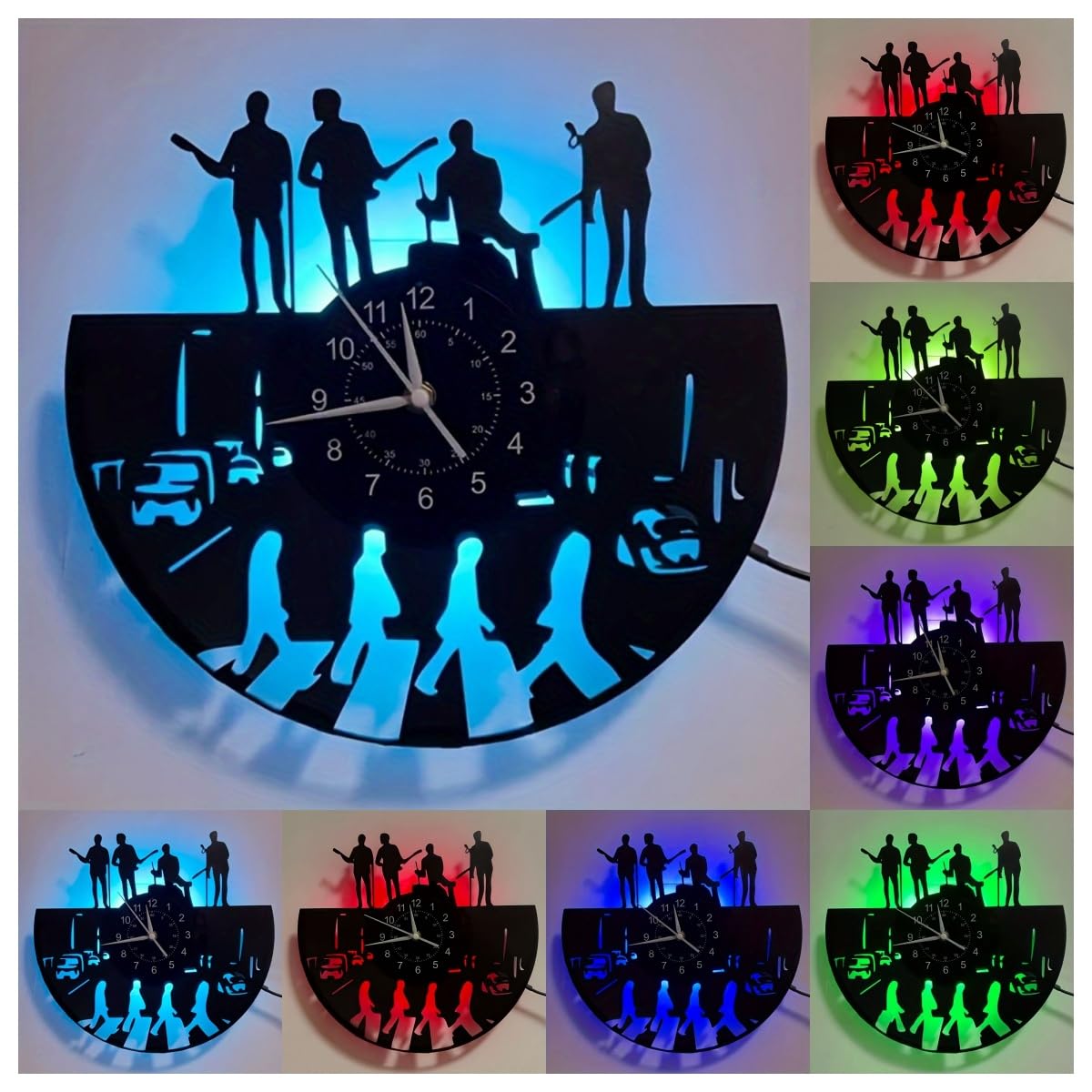 Horloge murale LED en vinyle avec motif bande de musique, horloge murale rétro avec rétroéclairage 7 couleurs, horloge murale décorative musicale, cadeau pour les amateurs de musique