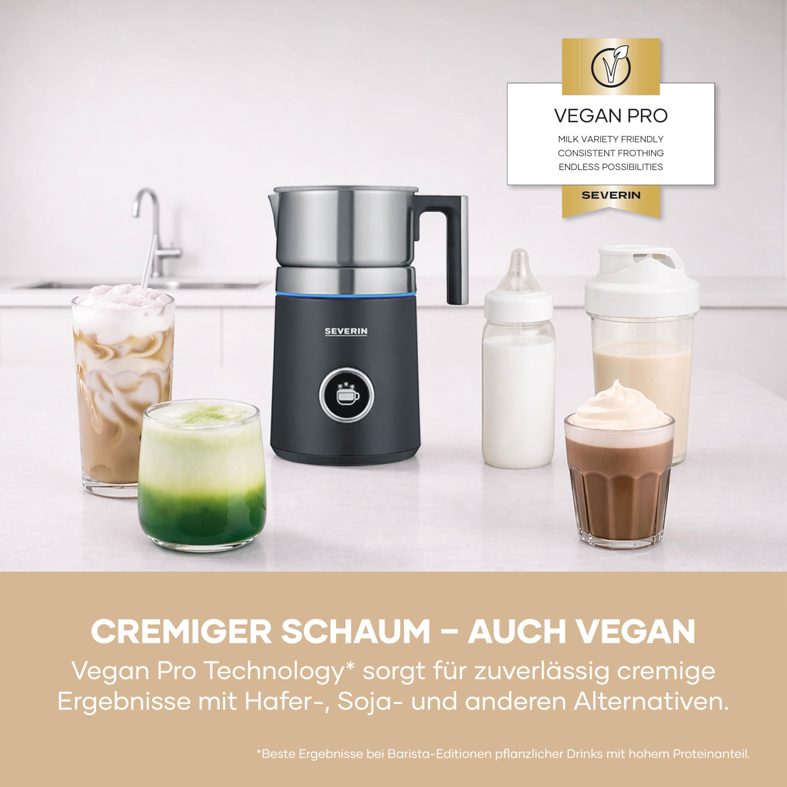 SEVERIN SPUMA 700 Plus Induktions-Milchaufschäumer, 13 Programme, OLED-Display, LED-Lichtring mit Statusanzeige, einfache Reinigung, Barista-Ausgusszotte, Edelstahl-gebürstet, schwarz, SM 3587