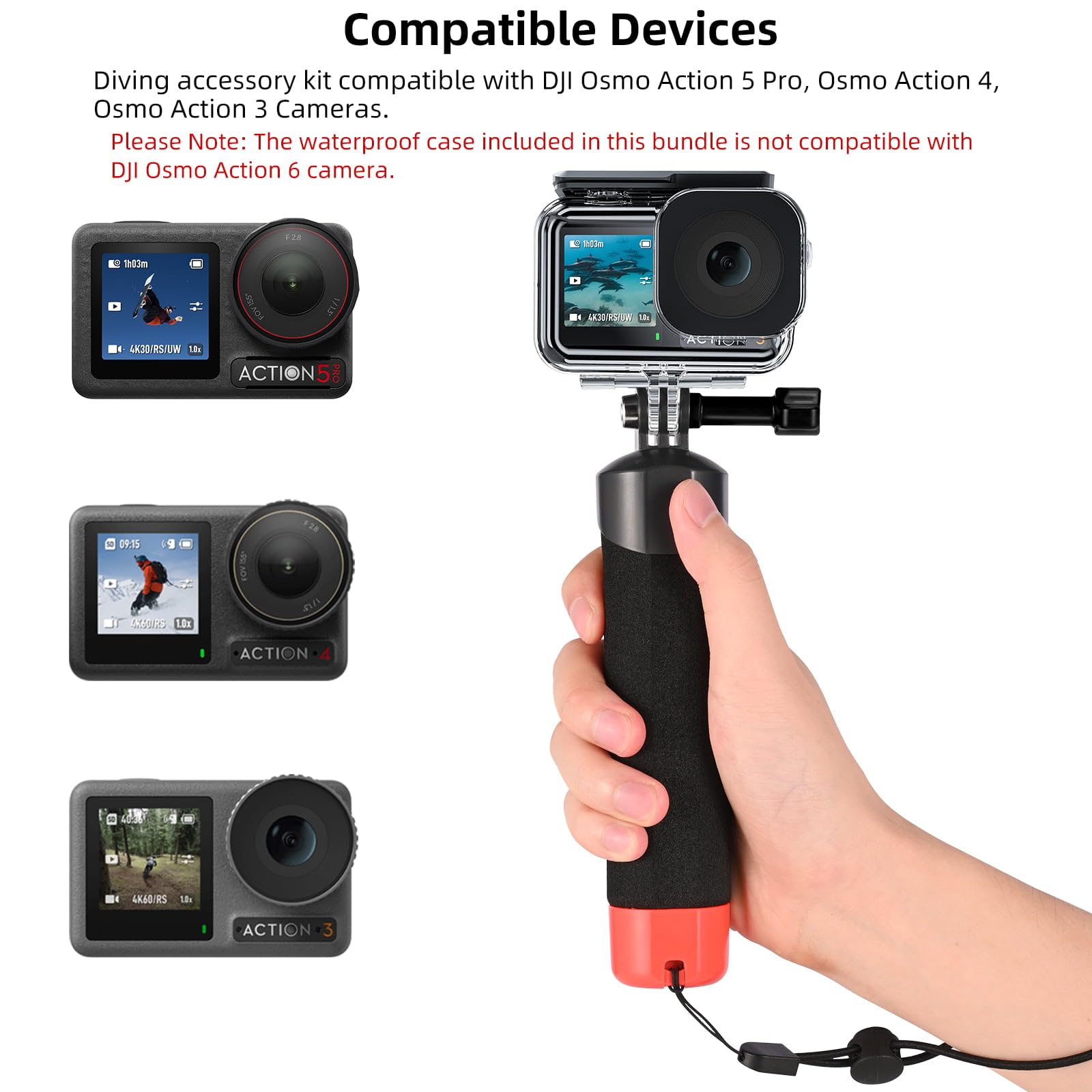 Juego de accesorios de buceo Osmo Action (mango flotante y carcasa impermeable), compatible con DJI Osmo Action 5 Pro, Osmo Action 4, Osmo Action 3 – Accesorios subacuáticos para DJI Action 5 Pro/4/3