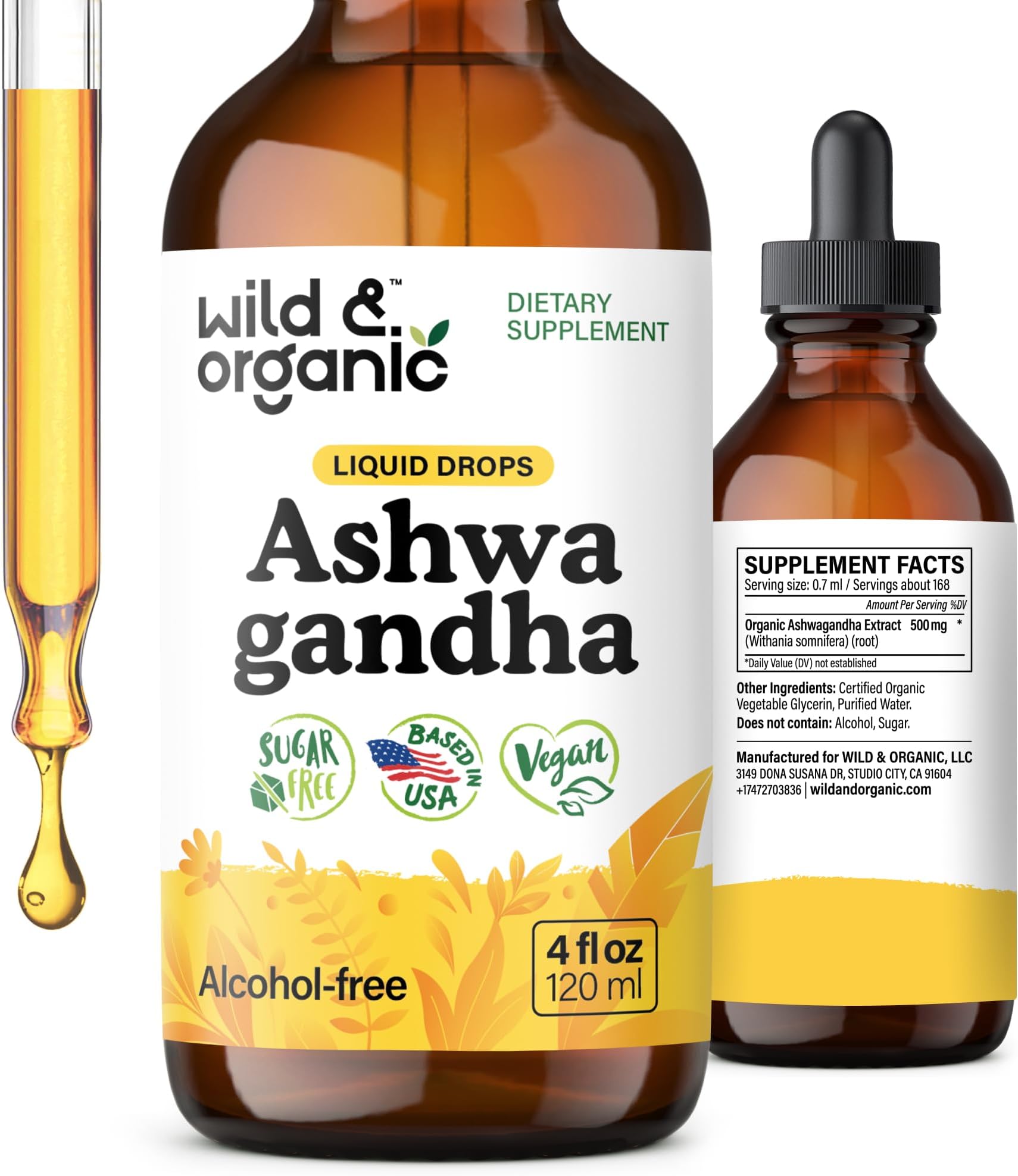Wild & Organic Ashwagandha Drops - Mood Support & Positive Energy - 500 mg Ashwagandha for Women & Men - Add to Tea Liquid Extract for Relaxation - Non-GMO, Sugar & Alcohol-Free Tincture - 4 fl oz