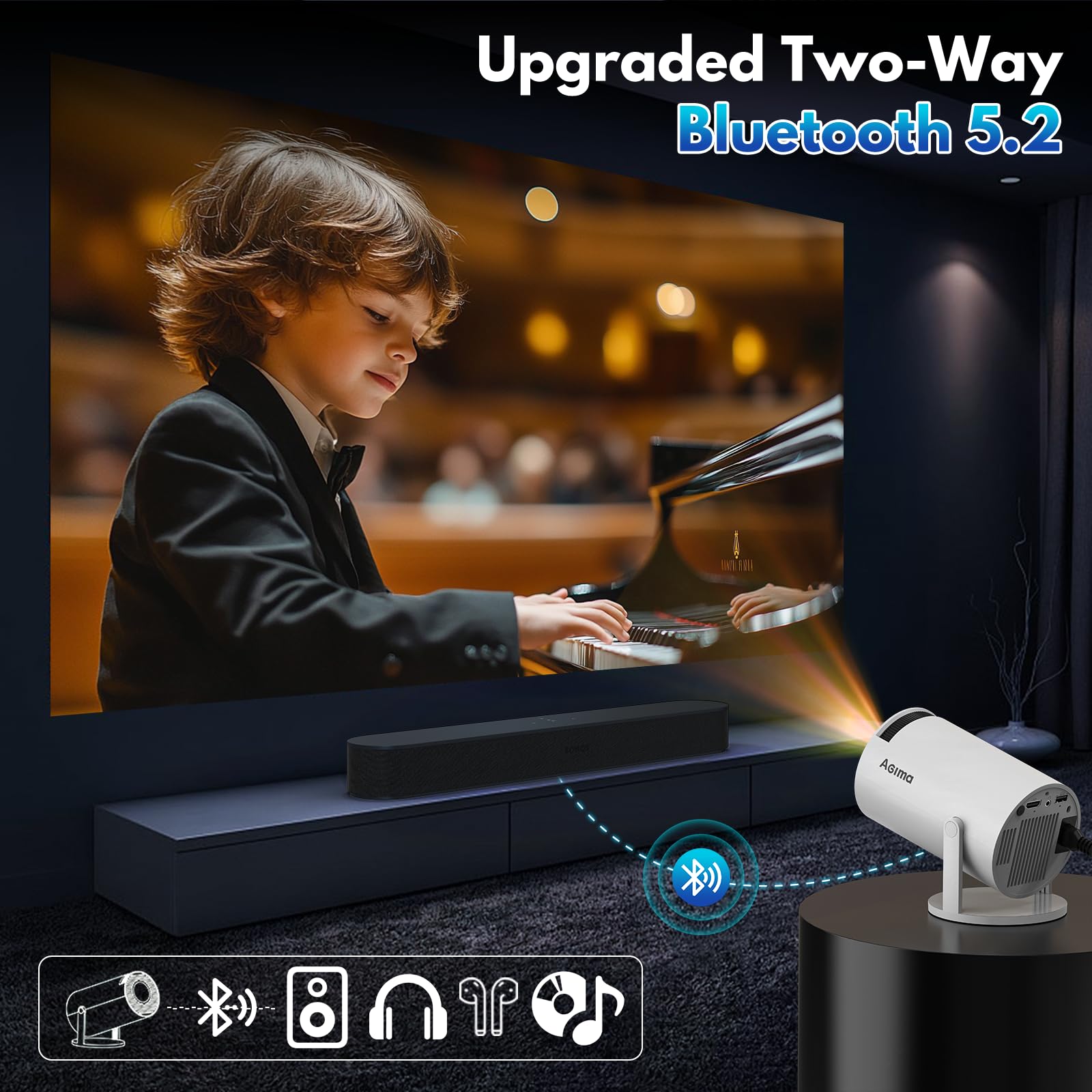 [App Integrada] Mini Proyector 2026 Upgraded Proyector Portátil, Dual Control con Ratón WiFi 6 BT5.2 180° Rotation Compatible con HDMI/TV Stick/USB/Laptop, con Ratón, Blanco