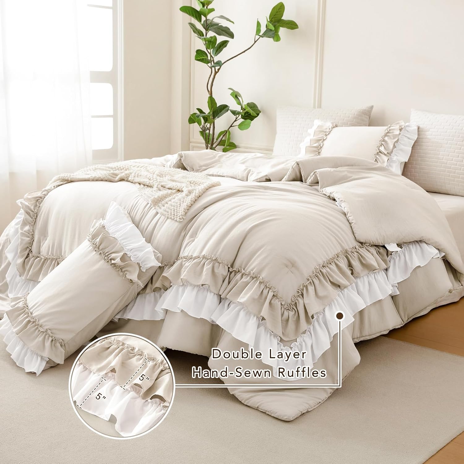 QSH Wheat White Ruffle Comforter King Size,3PCs Shabby Boho Chic Ruffled Bedding Comforter Set King Farmhouse French Country Bed Comforter Set Ultra Soft Microfiber Lightweight Vintage Rustic Bedding
