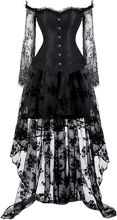 Corset Dress and Skirt Asymmetrical Long Women with Sleeves Bustier Tank Overlay Lace Floral Costumes