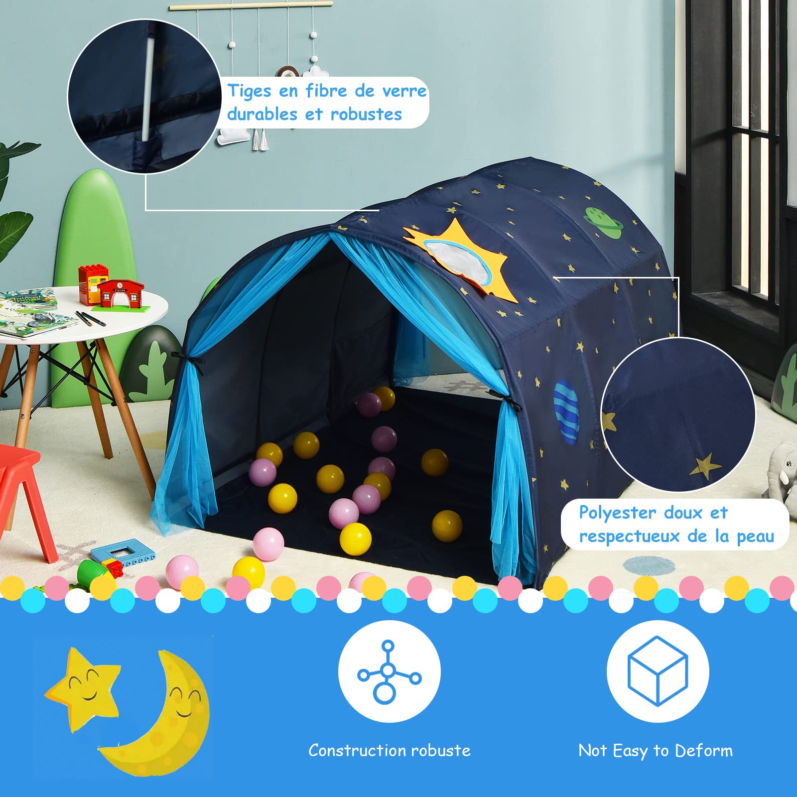 GOPLUS Tente de Lit Enfants, avec Double Rideau en Maille, Sac de Transport, Tente de Jeu Portable pour l'Intérieur & l'Extérieur, en Forme de Tunnel, Structure Stable, (Bleu)