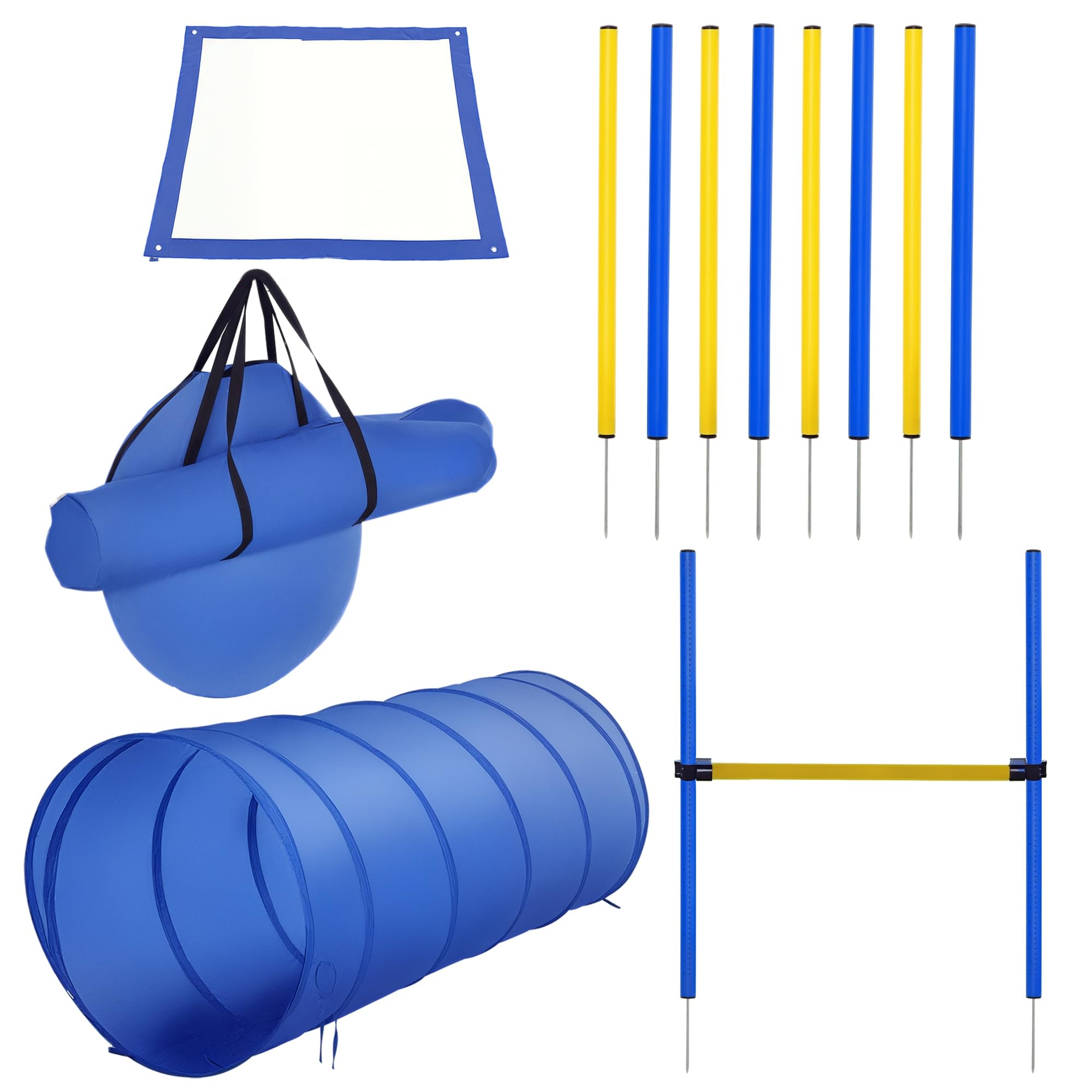 Set de Entrenamiento de Agilidad para Perros Obstáculos de Salto con Altura Ajustable Túnel para perros para Exteriores con Bolsa de Transporte 60x60x148 cm Azul y Amarillo