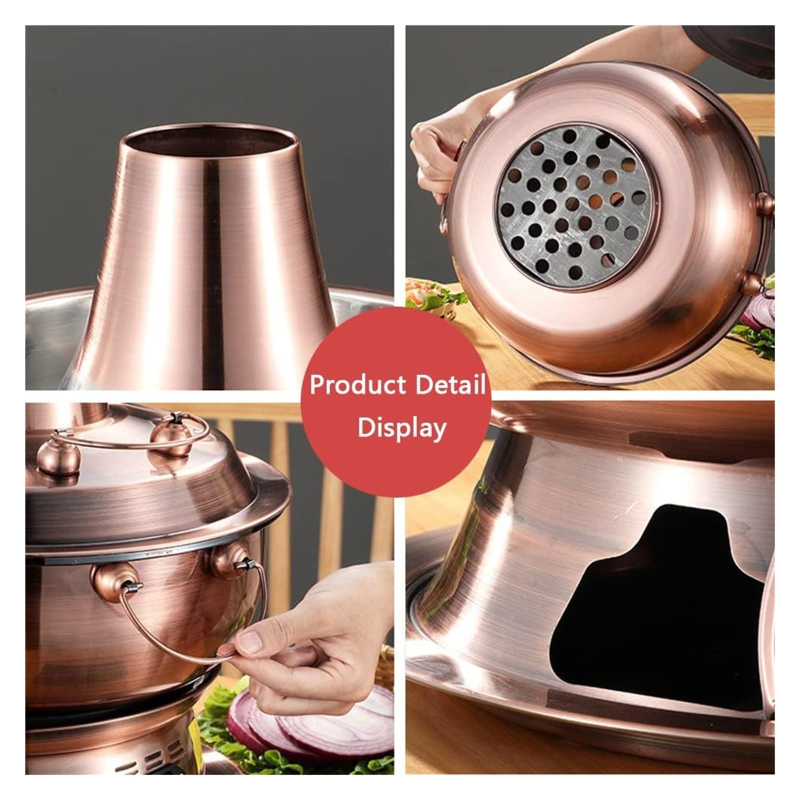 Pentola calda cinese in rame, stile vintage, per shabu-shabu, con camino per bruciare carbone, pentola cinese in acciaio inox, pentola per zuppe, pentole per cucina in famiglia, feste, rosso, argento