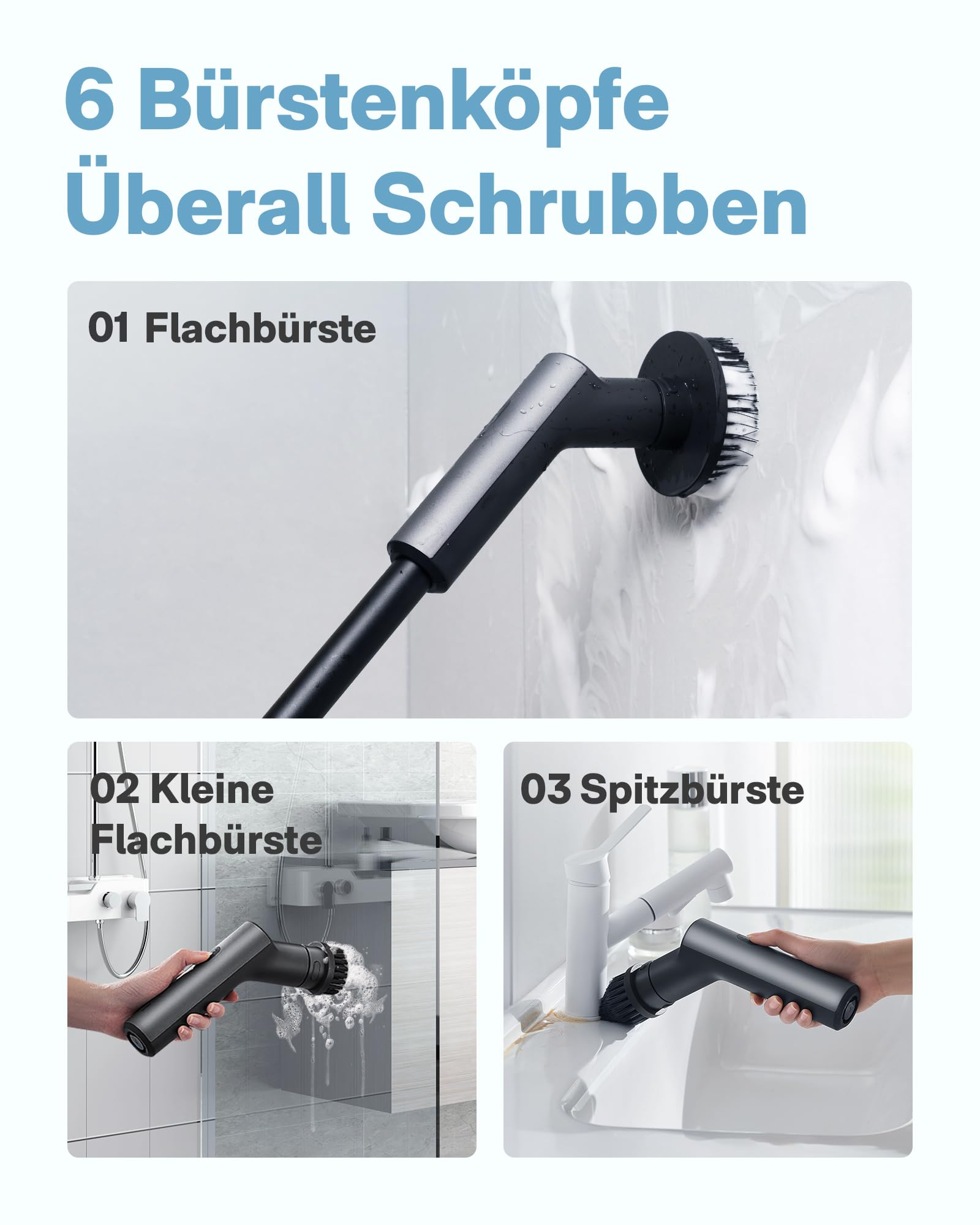 HOTO Elektrische Reinigungsbürste mit Verlängerungsstiel & 6 Wechselbürstenköpfe, IPX7 Reinigungsbürsten Elektrisch, Typ-C-Ladung Putzbürste Elektrisch für Bad, Böden, Fliesen, Glas, Küche und Auto