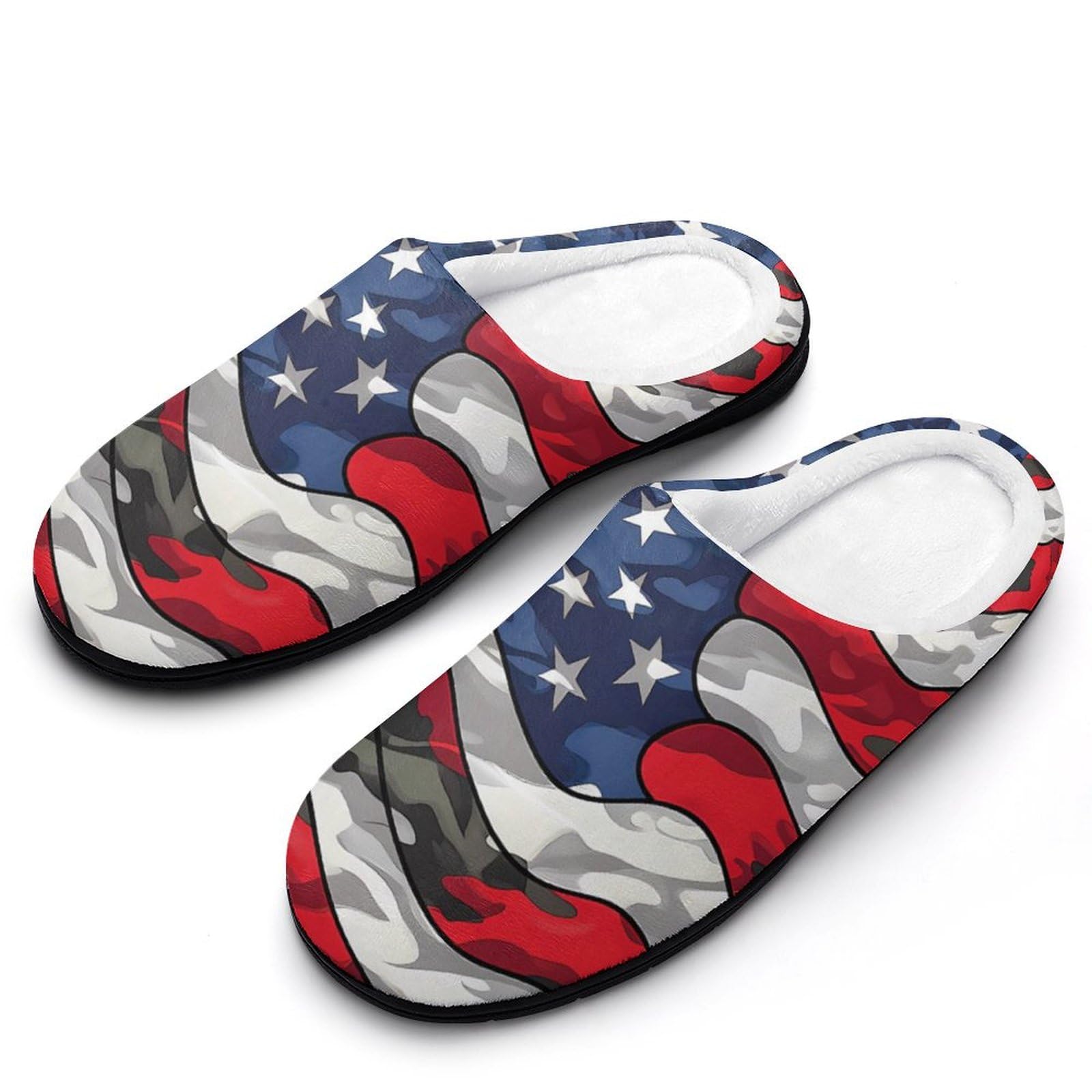 Camouflage American Flag Mens Slippers Casual Slip On Warm House Shoes with Rubber Sole Indoor Outdoor 13-14?46-47?