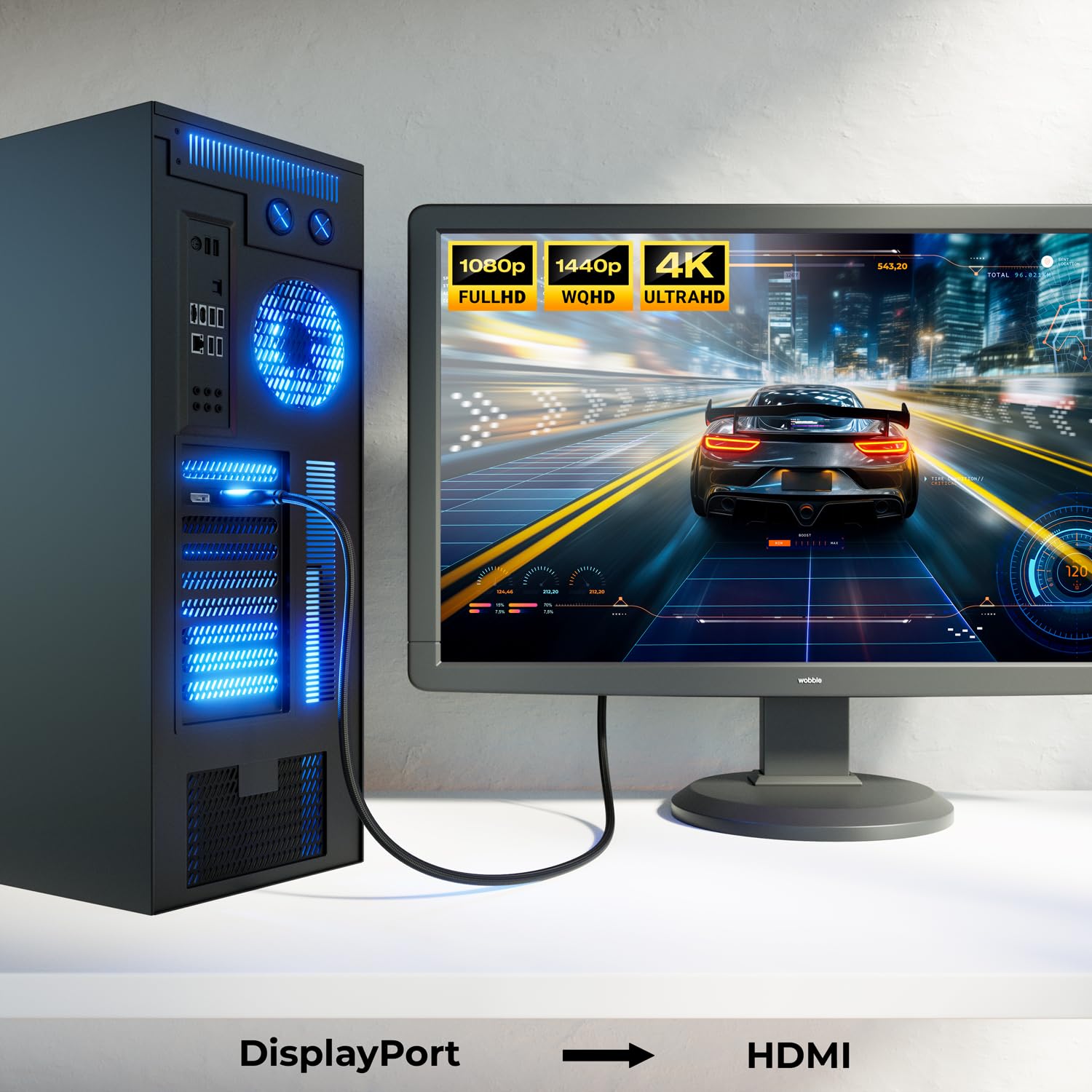 deleyCON 2m 4K DisplayPort na HDMI Kabel (do Monitora/TV/Projektora) 4K@60Hz, 1080P WQHD @165Hz 144Hz 120Hz 60Hz - Wtyk DP na Wtyk HDMI Adapter do Komputera DP Karty Graficznej Gaming PC