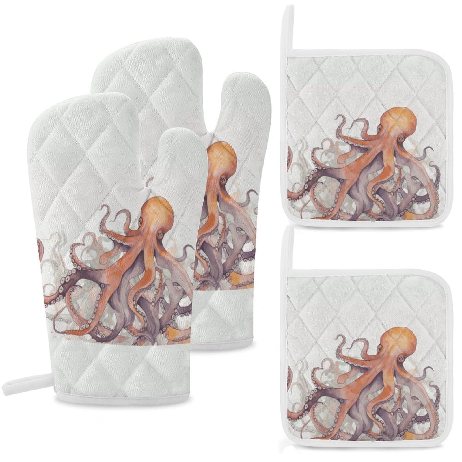 Octopus Tentacles Oven Mitts and Pot Holders Sets Heat Resistant Oven Glove with Hanging Loop for Baking Cooking BBQ Thicken Potholders for Kitchen