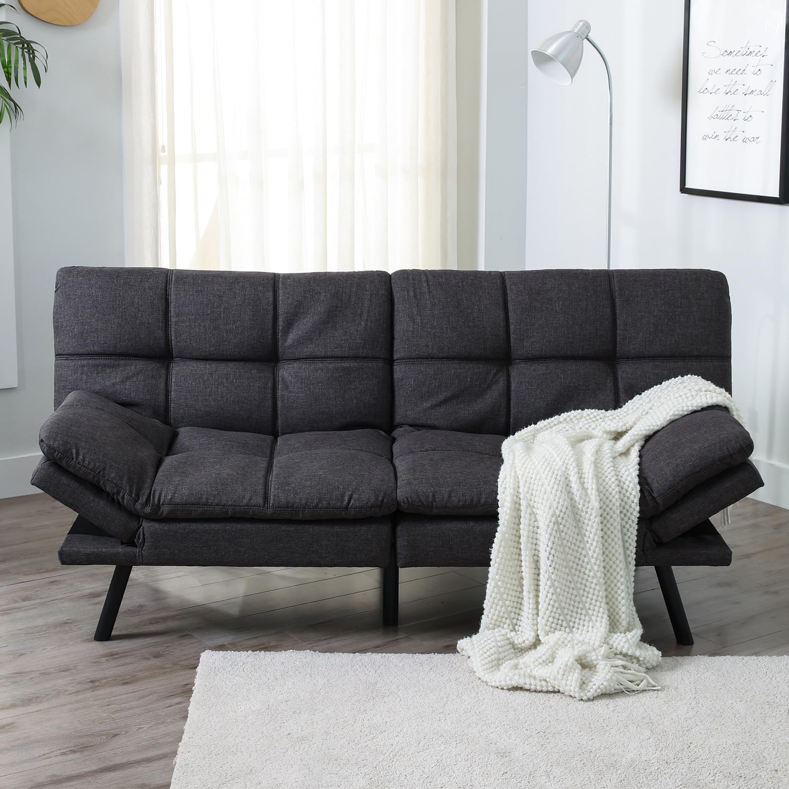 Hcore Convertible Futon Sofa Bed,Gray Memory Foam Sofa Loveseat,Small Euro Lounger Sofa Foldable Loveseat with Armrests for Compact Living Spaces,Apartment,Dorm,Studio,Guest Room,Home Office