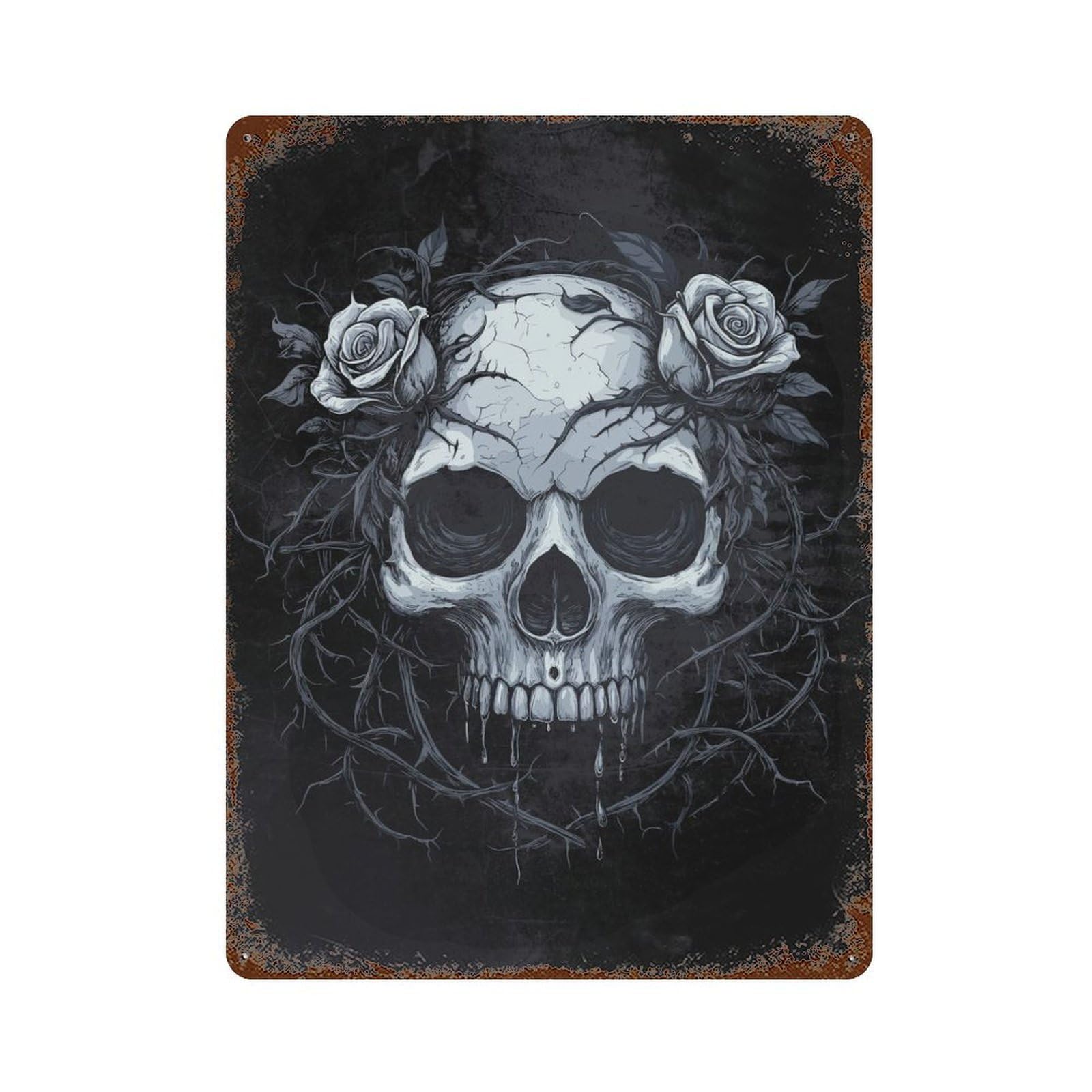 Vintage Rust Metal Sign Skull with Roses - Gothic 15.7"x11.8", Novelty Wall Decor for Garage, Bar And Workshop Decor