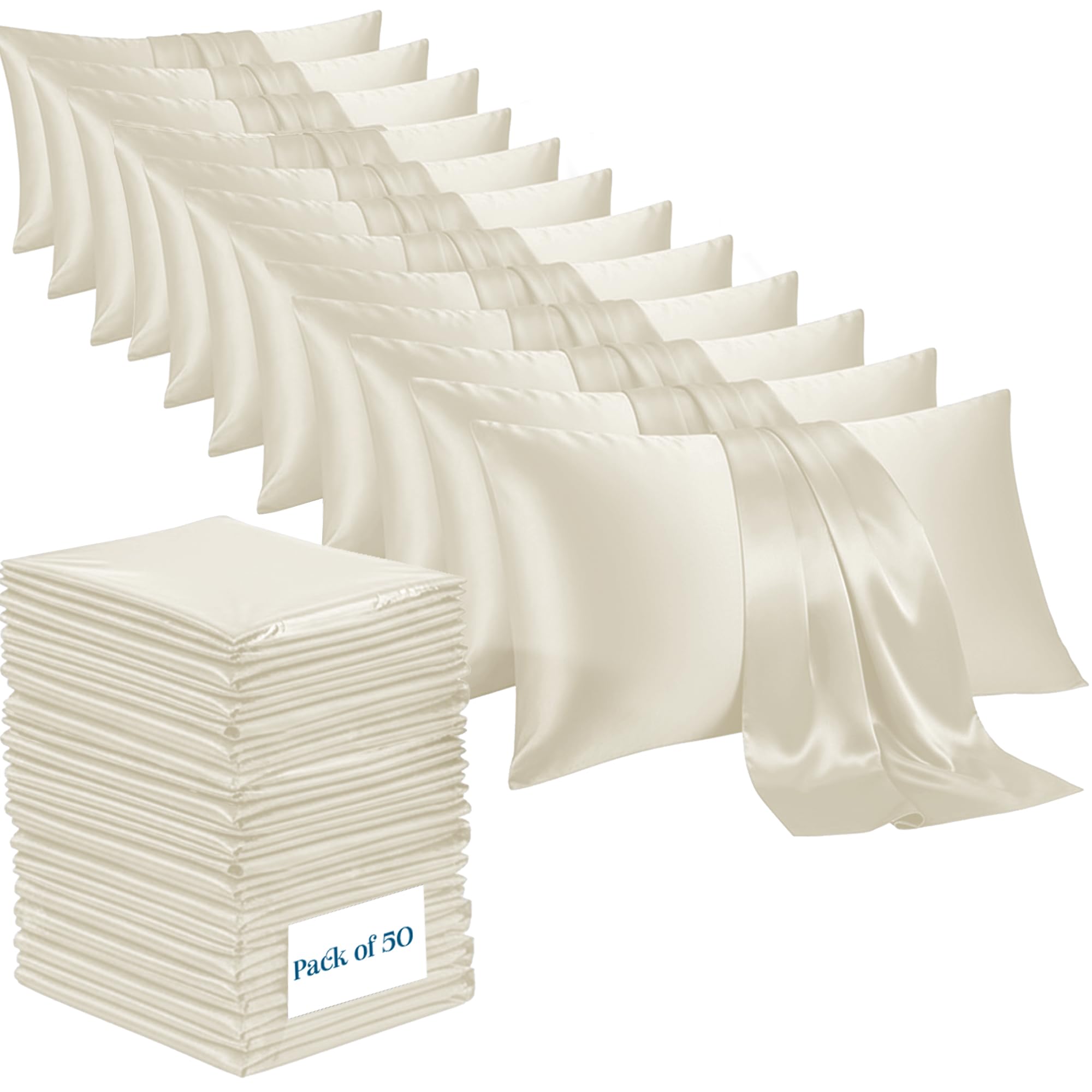 Moonlight Bedding Ivory Satin Pillowcases 50 Pack – Soft & Smooth Feels Like Silk Pillowcases for Hair and Skin Care