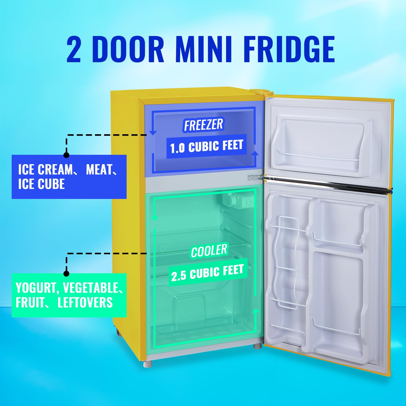 Tacool 3.5 Cu.Ft Fridge Dorm Fridge Refrigerator With Adjustable Glass Shelves, 7 Level Temperature Control Suit For Bedroom, Office, Apartment Yellow on Fridge.com - View 4