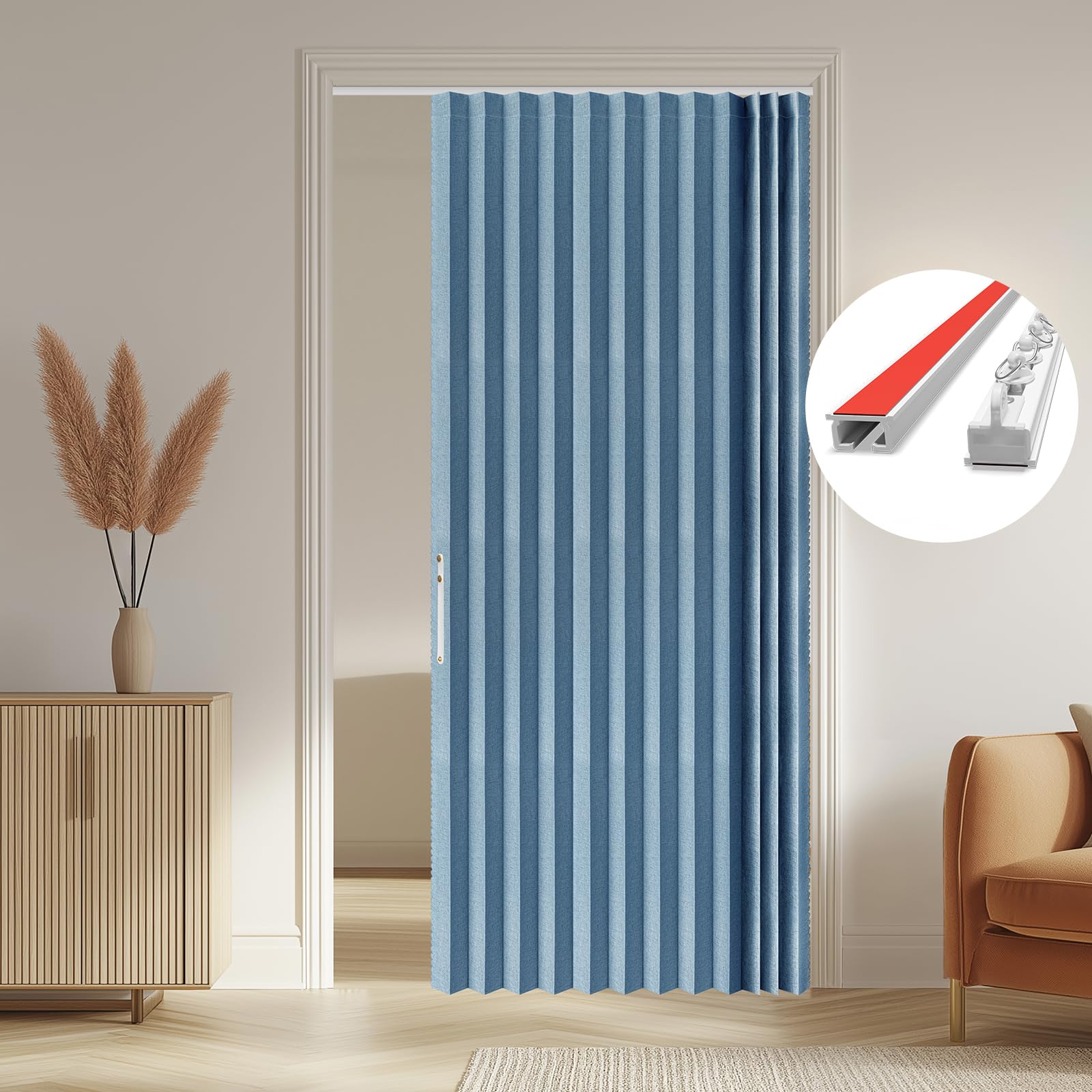 AJAZZ Doorway Curtains with Adhesive Ceiling Curtain Track Accordion Closet Door 100% Blackout Temporary Door Curtains Blue 53 x 79 Inch Set