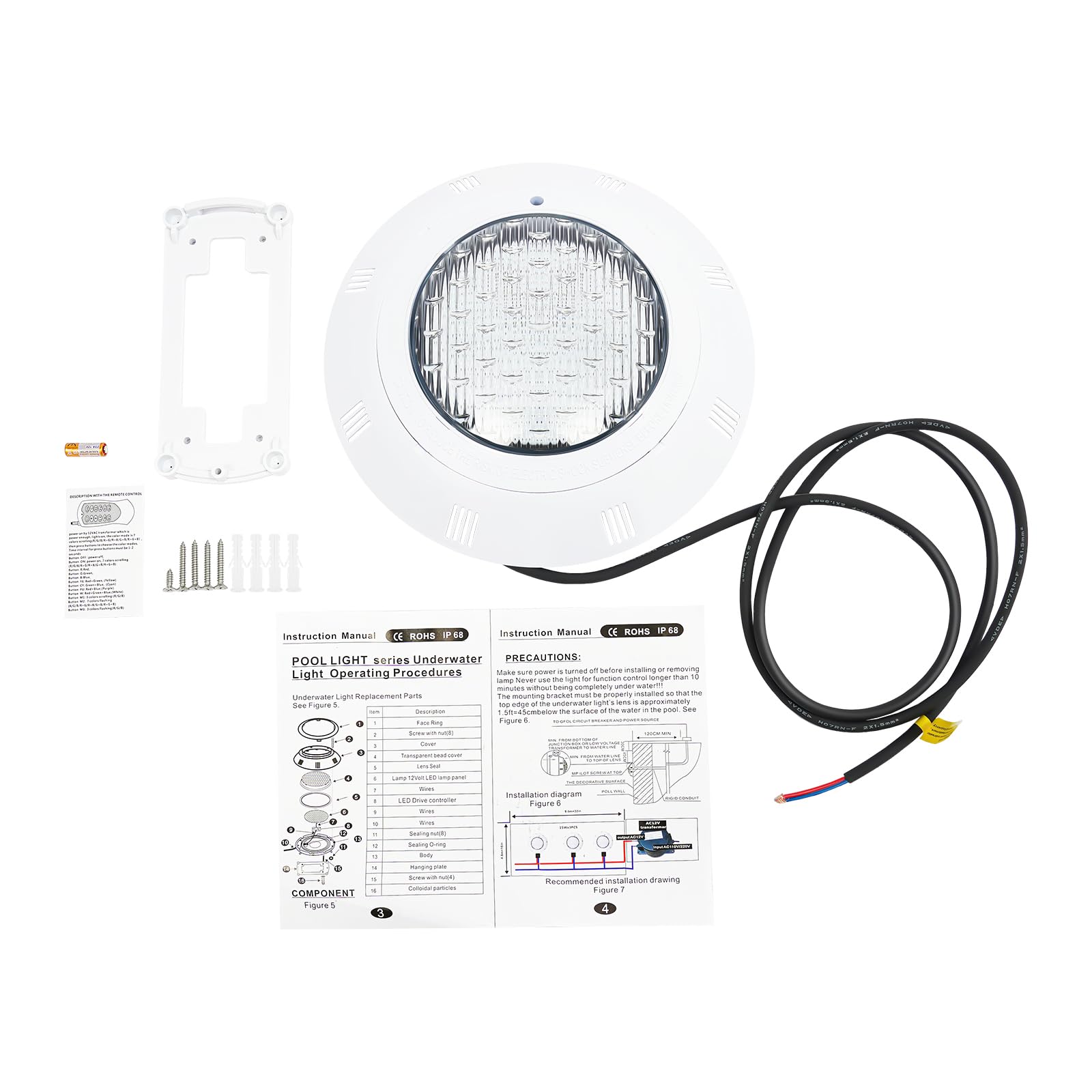Foco LED subacuático RGB LED para piscina, con mando a distancia, ángulo de haz de 120°, IP68, resistente al agua