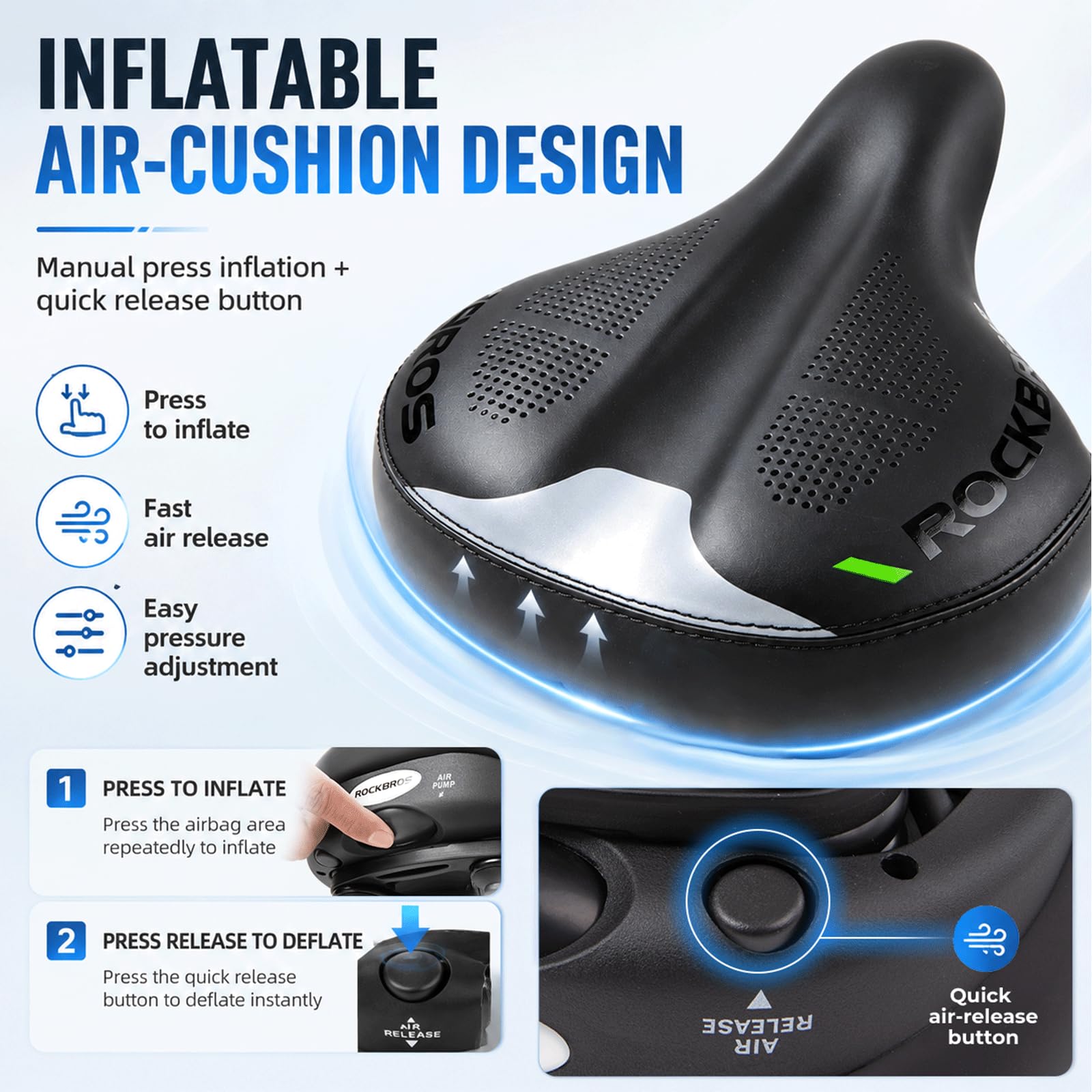 ROCKBROS Selle de Vélo Gonflable Ultra Confortable, Large Coussin à Pression d'air Réglable, PU Respirant Amorti Ergonomique Anti-Choc, Bande Réfléchissante, Compatible VTT Ville et Électrique