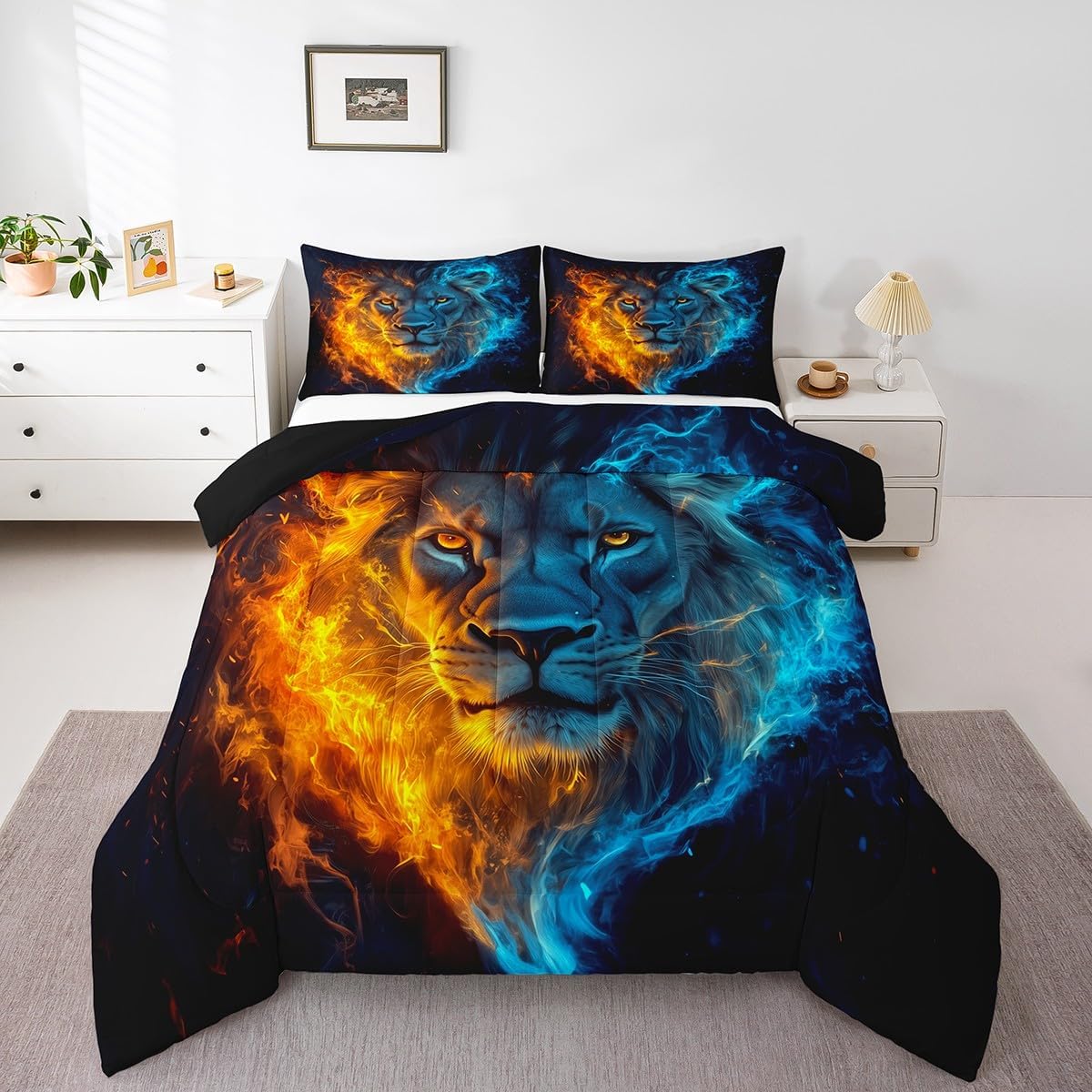 Manfei Wild Lion Comforter Set for Kids Orange Blue Flame Misty Bedding Set Lion Africa Animal Bedding Home Decor Soft Polyester Comforter King Size 3 Pieces Quilted Duvet with 2 Pillowcase - Image 2