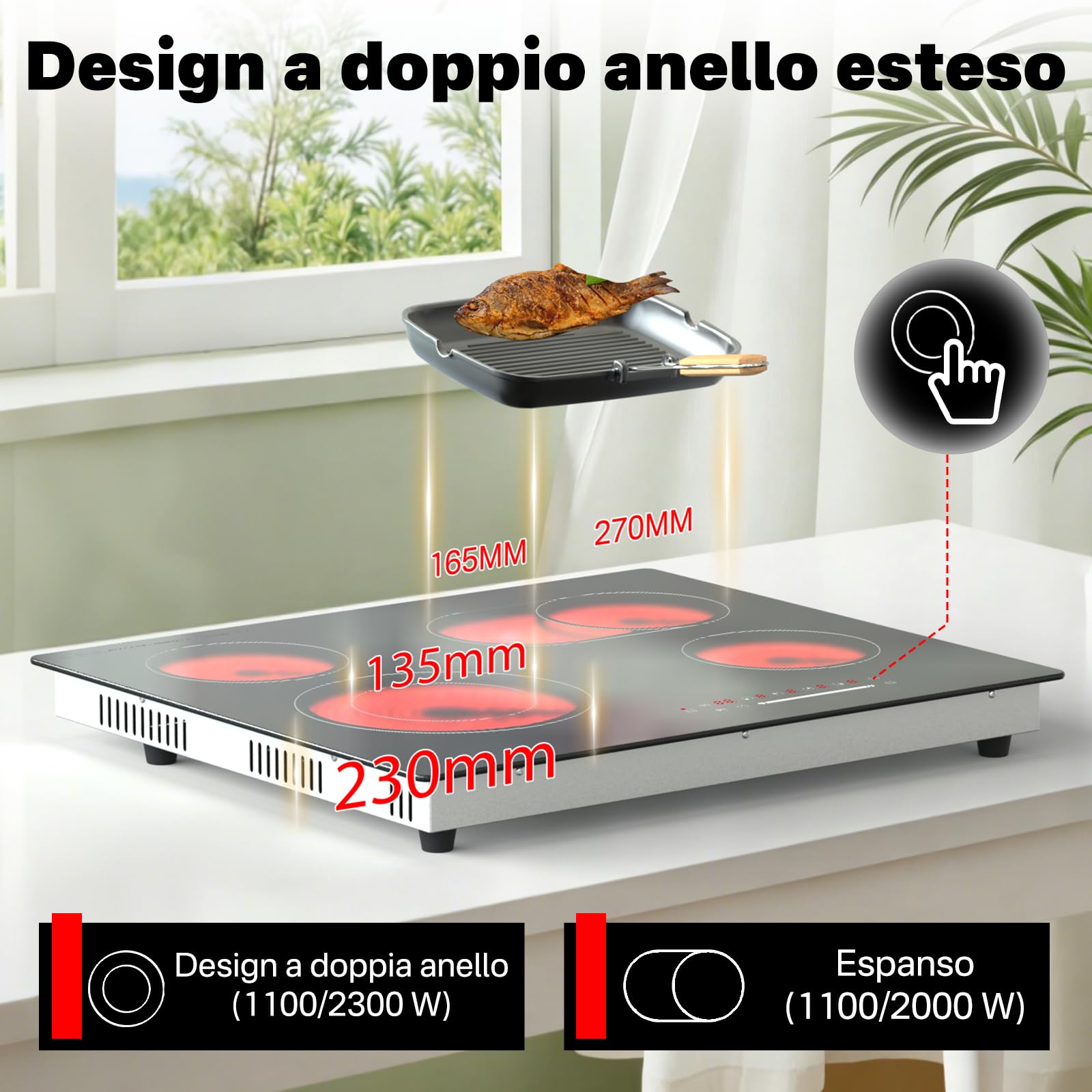 Piano Cottura in Vetroceramica 4 Zone 60 cm, 6700W, Controllo Slider Touch, Doppia Zona e Zona Pesce
