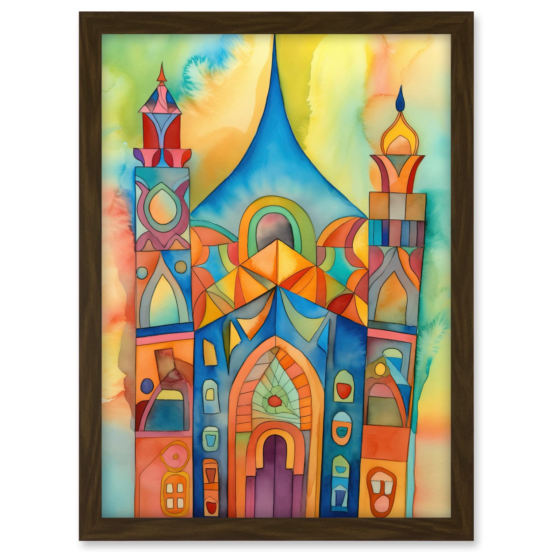 Artery8 Jewish Synagogue Building Multicoloured Folk Art Watercolour Painting Artwork Framed A3 Wall Art Print