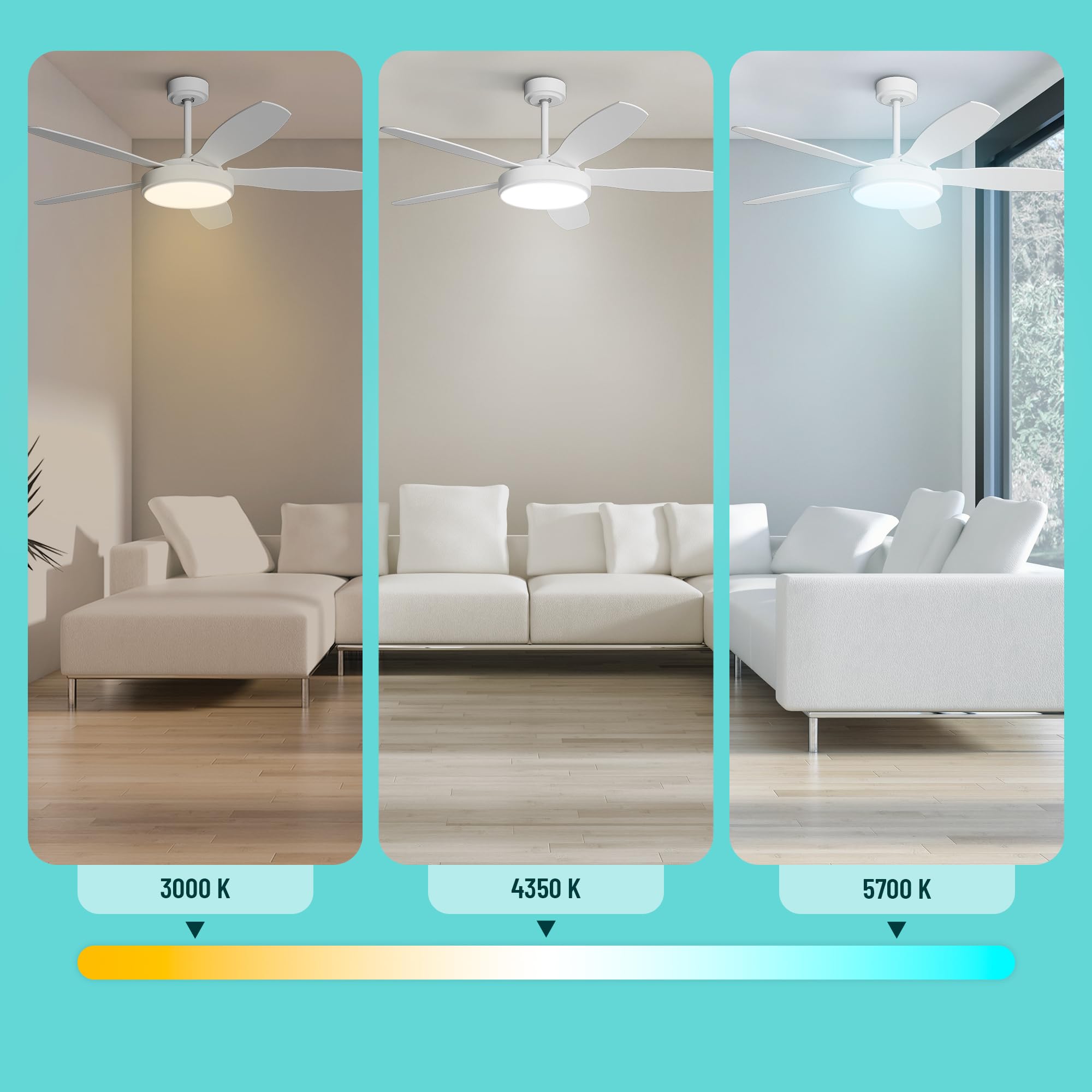 Noaton® Maia Ventilatore da soffitto con illuminazione, bianco/acero, diametro 132 cm, motore DC 41 W, LED 24 W, telecomando, portata d'aria fino a 198 m3/min, asta di prolunga 15/25 cm