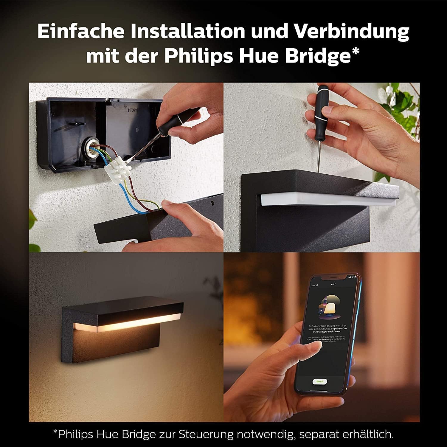 Philips Hue White & Color Ambiance Nyro Wandleuchte Outdoor (1.020 lm), dimmbare Leuchte für das Hue Lichtsystem mit 16 Mio. Farben, smarte Lichtsteuerung über Sprache oder App, silber