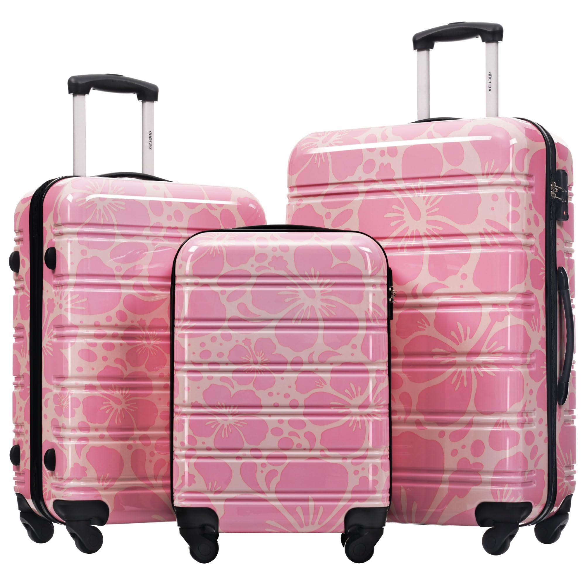 Merax Luggage Sets 3 Piece, Hardside Suitcase Set with Spinner Wheels, Lightweight Printing Luggage Carry on,20+24+28 IN,Pink