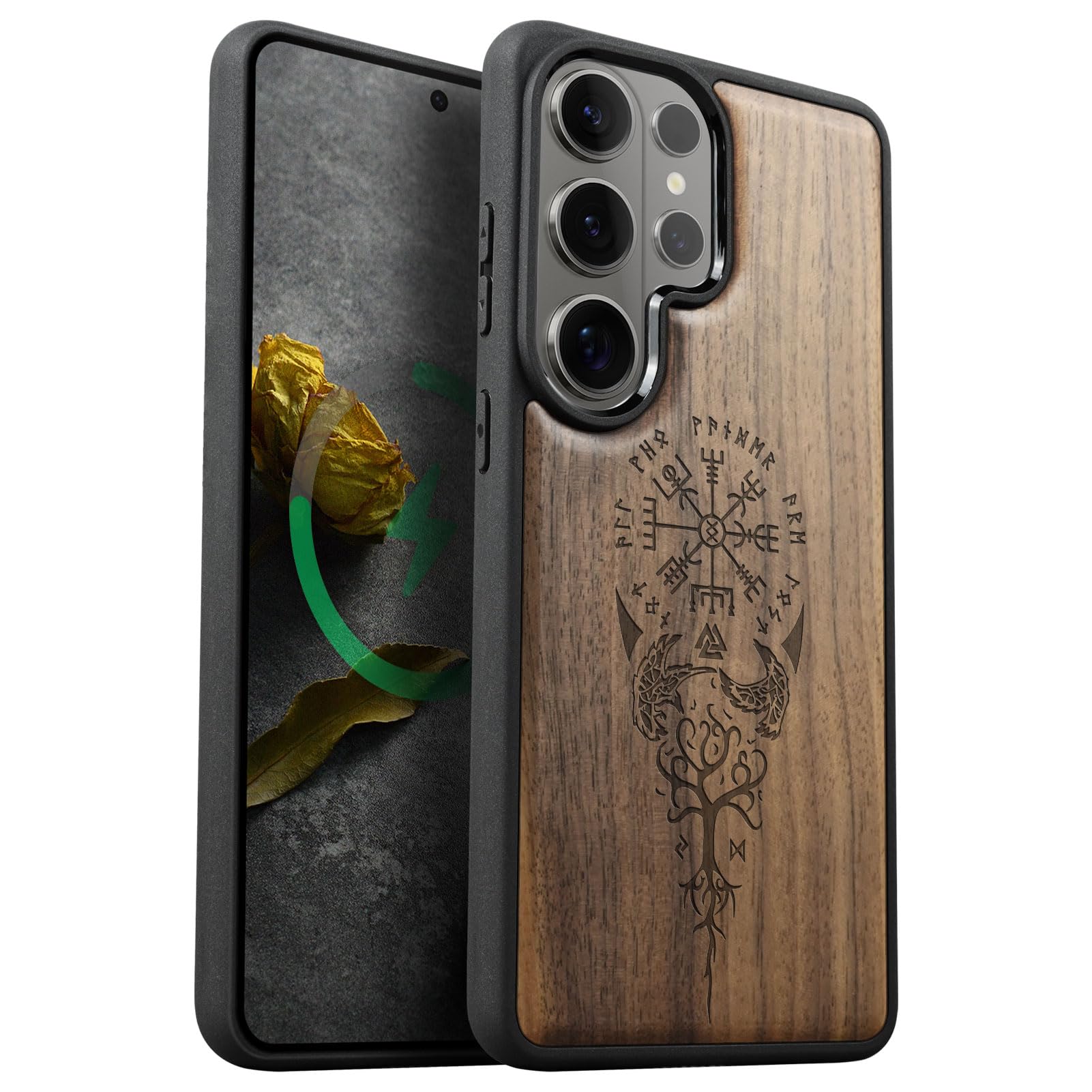 Carveit Legno Custodia per Galaxy S26 Ultra, (Noce-Bussola vichinga) | Paraurti Robusto TPU avec Magnetico, Legno Cover Compatibile MagSafe Protezione Case per Samsung Galaxy S26 Ultra Custodia