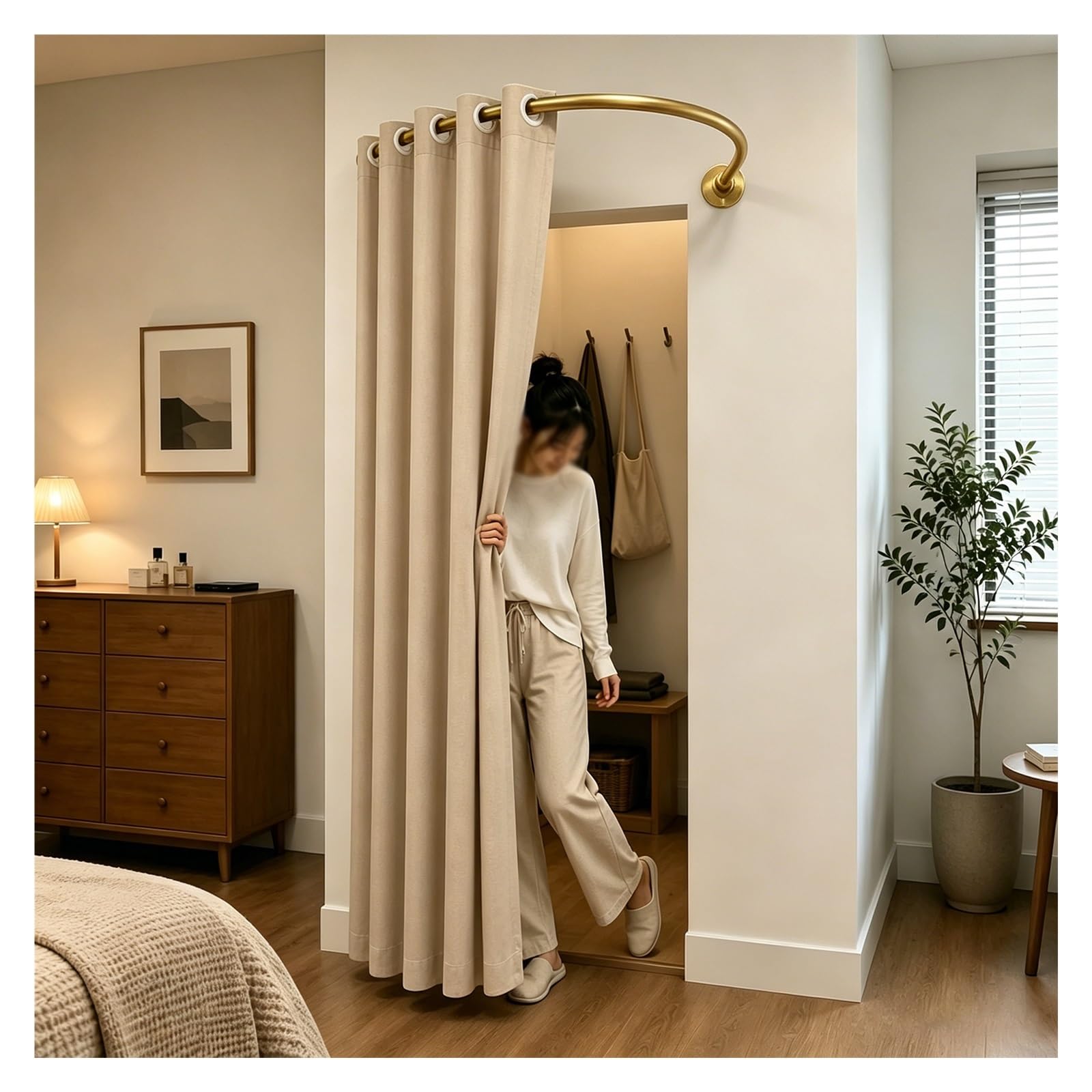 ZJKXJH U Shaped Privacy Changing Curtain, Clothing Store Fitting Room Drapes, Space Saving Partition Curtain for Privacy Protection and Room Divider(Gold Rod+A Curtain,130cm)