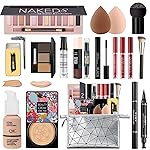 All in One Makeup Kit for Women Full Kit, Make Up Gift Set for Women Teens Girls, Includes Eyeshadow Foundation CC Lipstick Mascara Brush Sponge Brow Powder Soap Eyeliner Primer Contour Cosmetic Bag