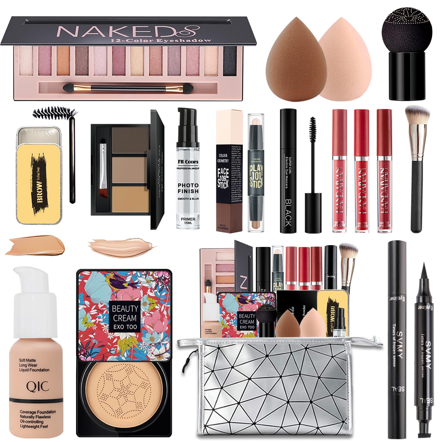 All in One Makeup Kit for Women Full Kit, Travel Make Up Gift Set Includes Eyeshadow,Foundation,CC,Primer, Lipstick,Mascara,Brow Powder & Soap,Eyeliner,Contour,Brush,Sponge,Bag Beige